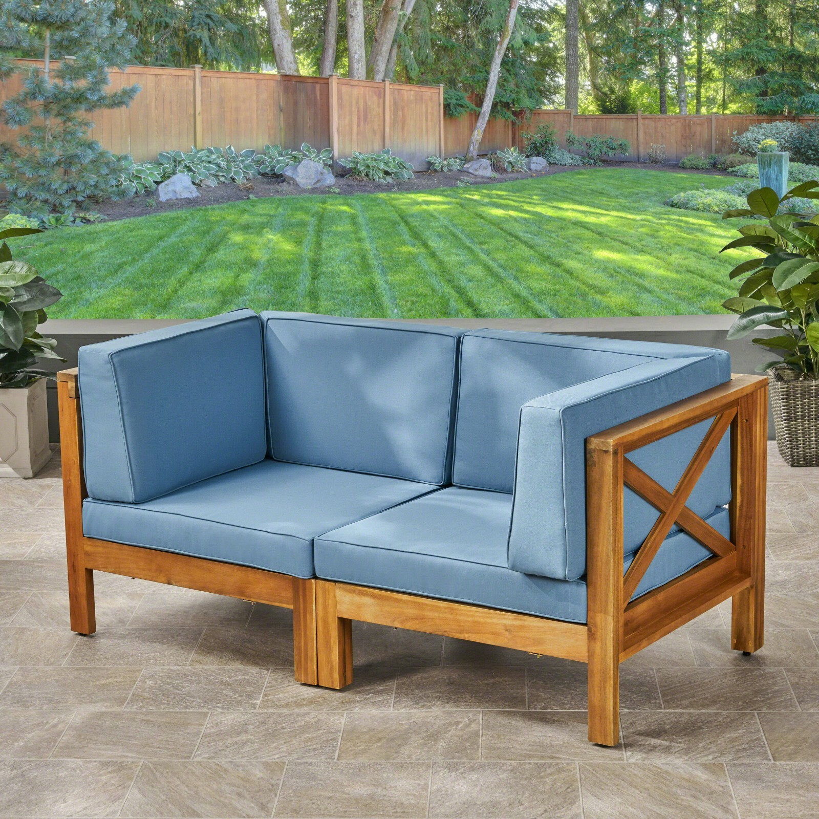 Brava Outdoor Modular Acacia Wood Loveseat with Cushions