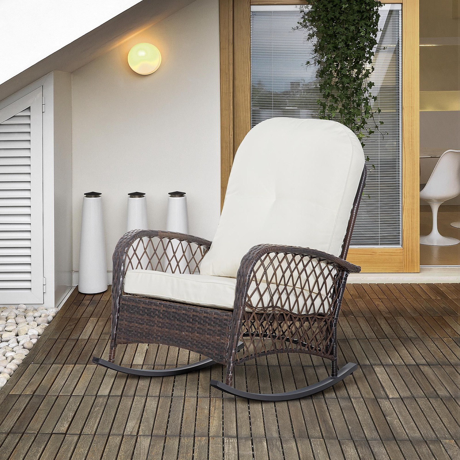 Outdoor Wicker Rocking Chair with Wide Seat and Thick Cushion Cream White Patio