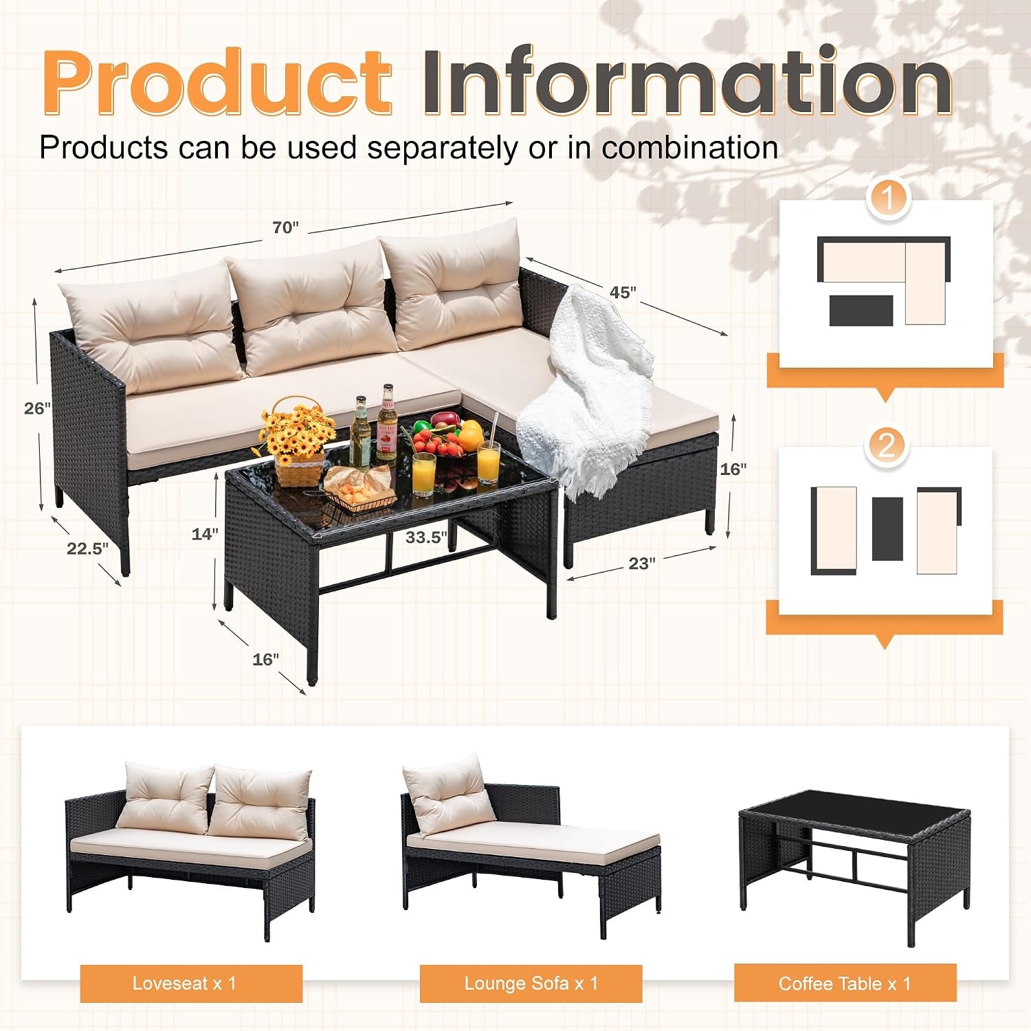 Outdoor Patio Furniture 3-Piece Rattan Waterproof Outdoor Sectional Sofa