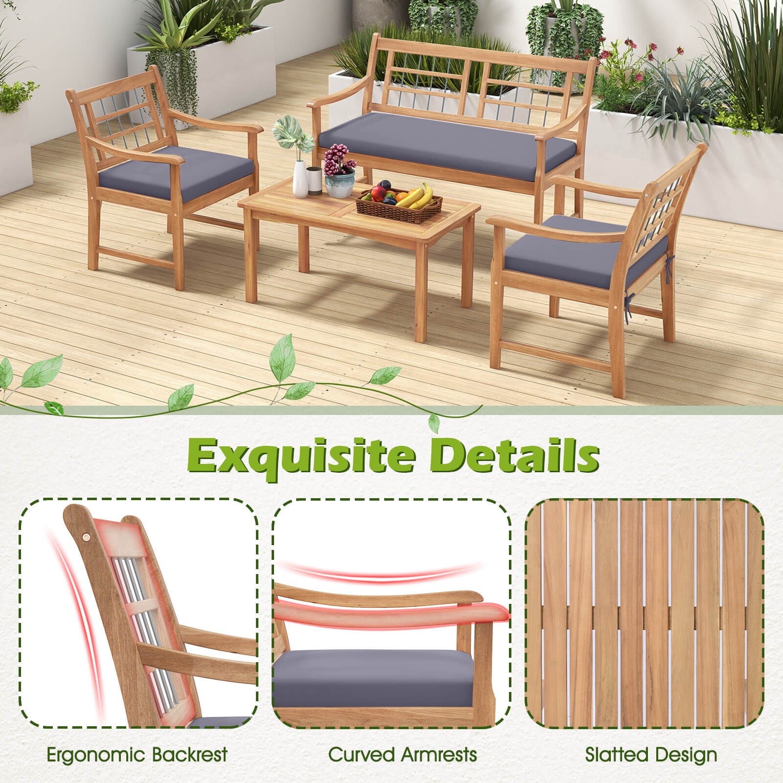 4 PCS Wood Patio Furniture Set w/ Soft Seat Cushions Solid Acacia Wood Frame