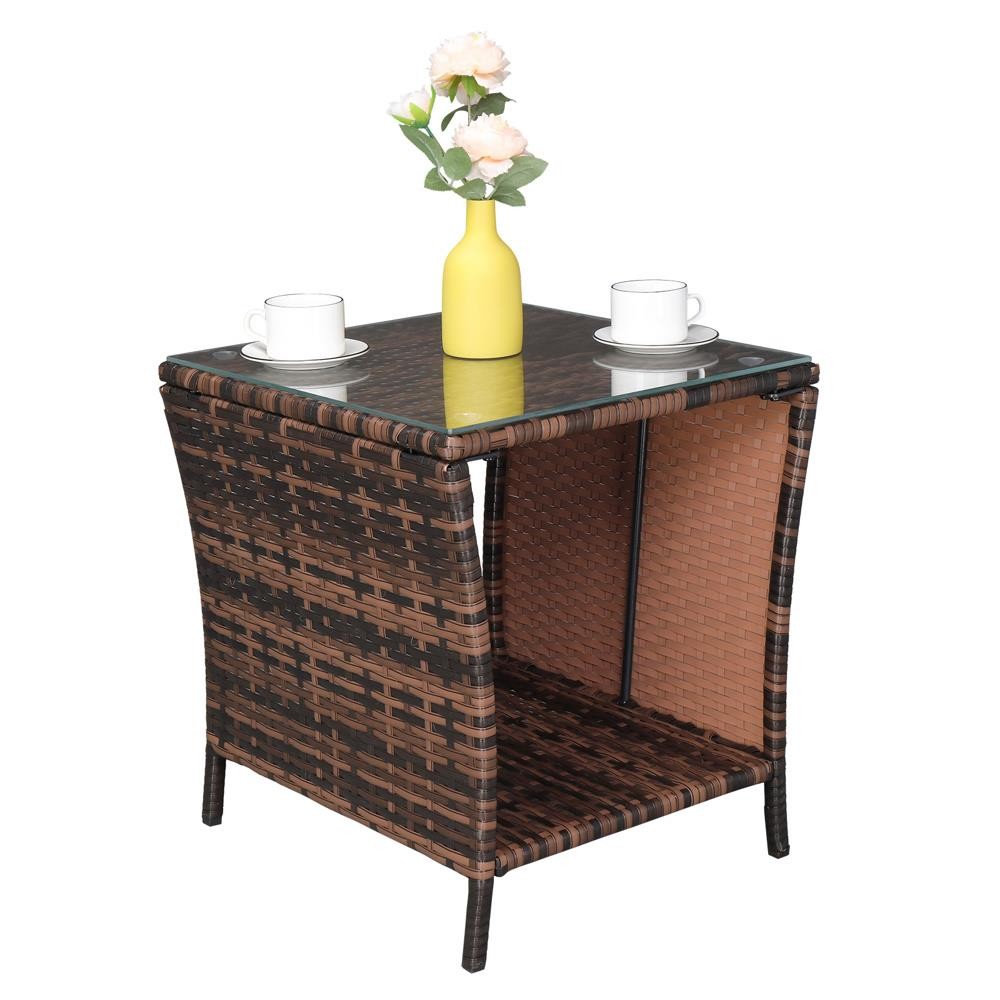 Brown Gradient Wicker Rattan Side Tea Table with Glass Patio Outdoor Furniture