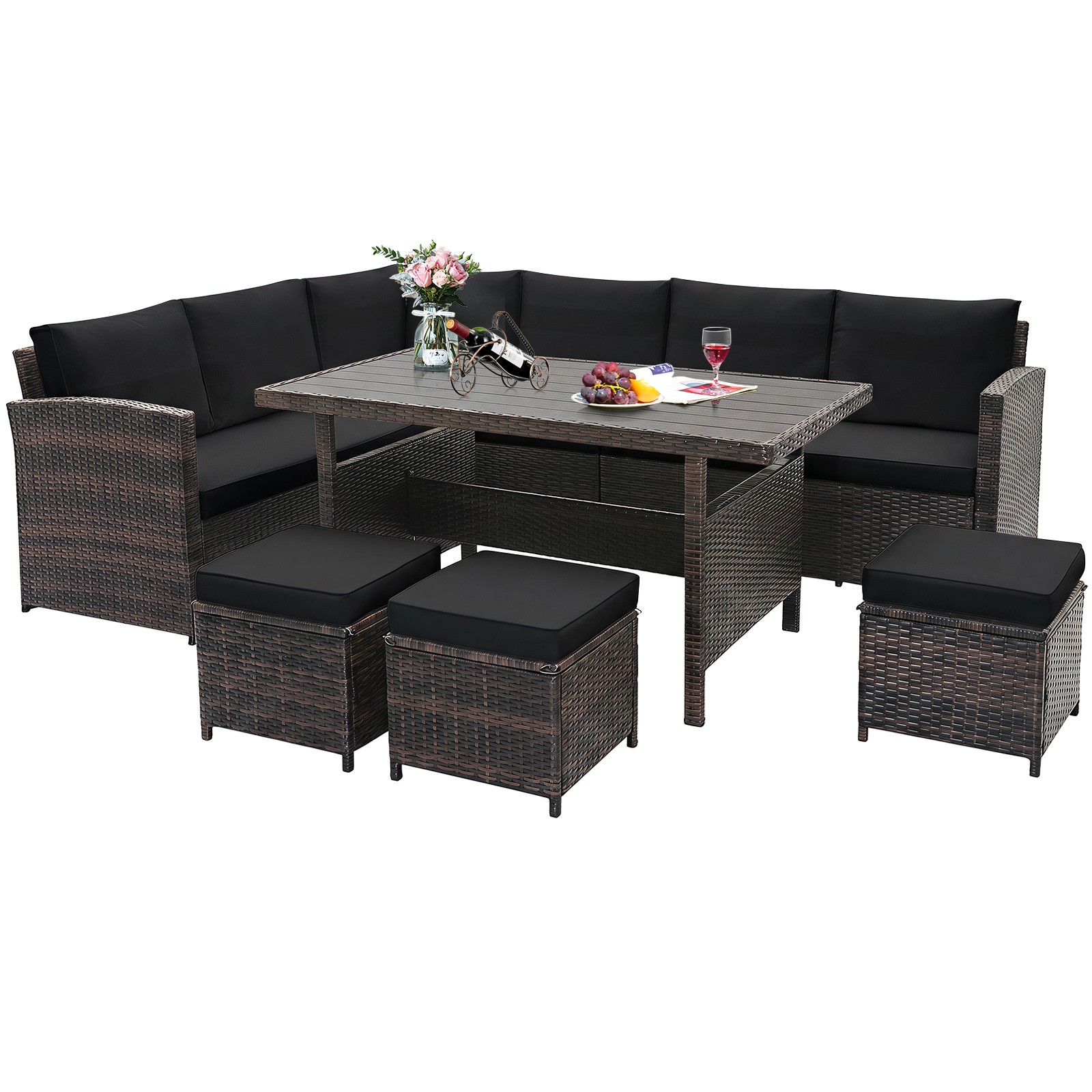 7PCS Patio Furniture Set Rattan Sectional Conversation Sofa Coffee Table