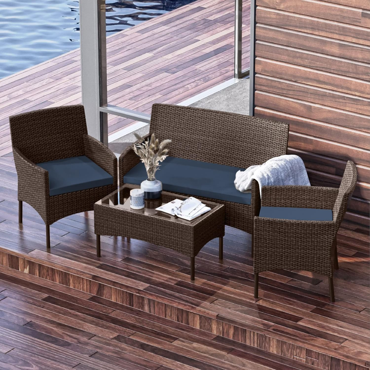 Outdoor Patio Furniture Sofas, Standard, Brown Base/Navy Blue Cushions
