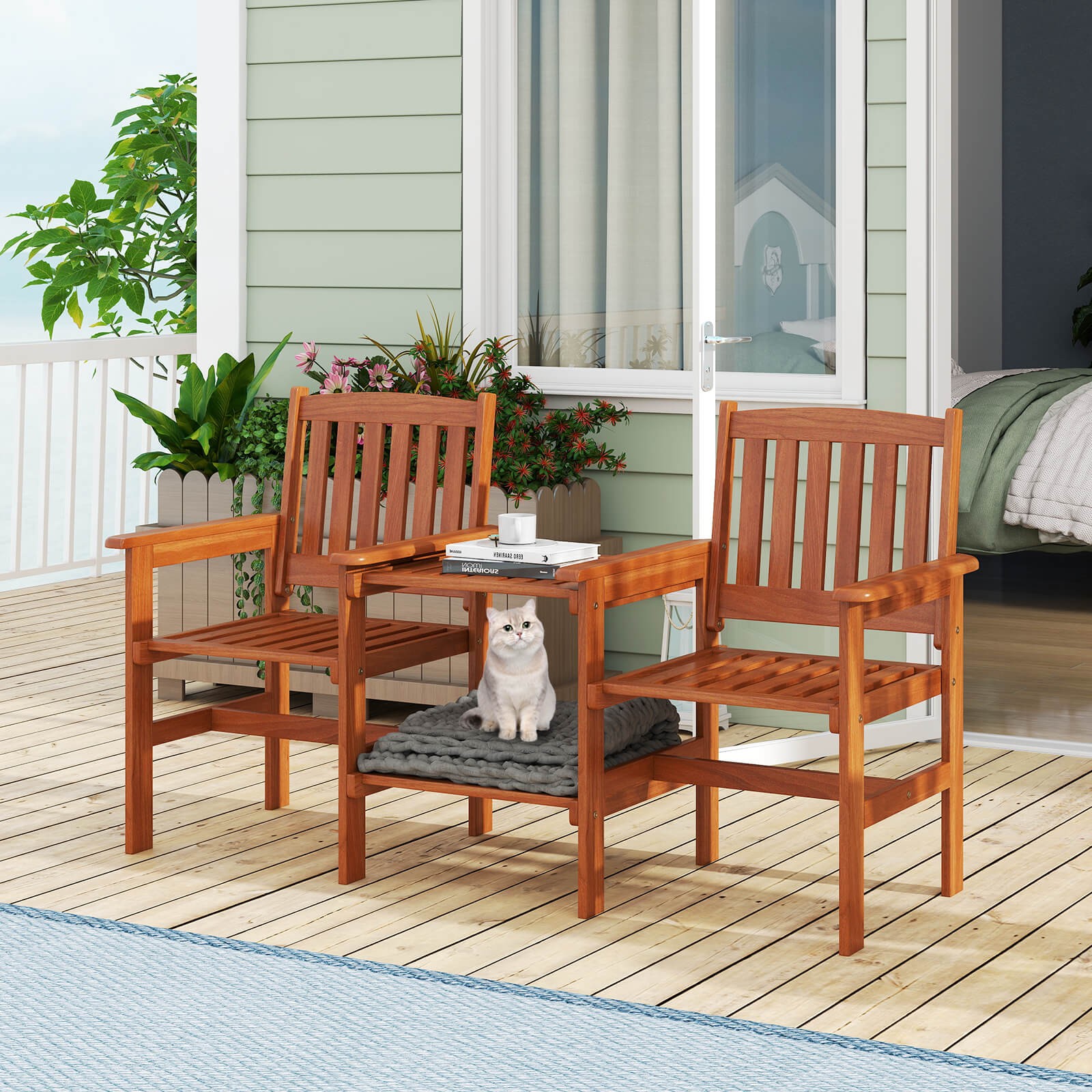 Outdoor Wood Bench Loveseat w/ Built-in Table 1.57″ Umbrella Hole for Porch