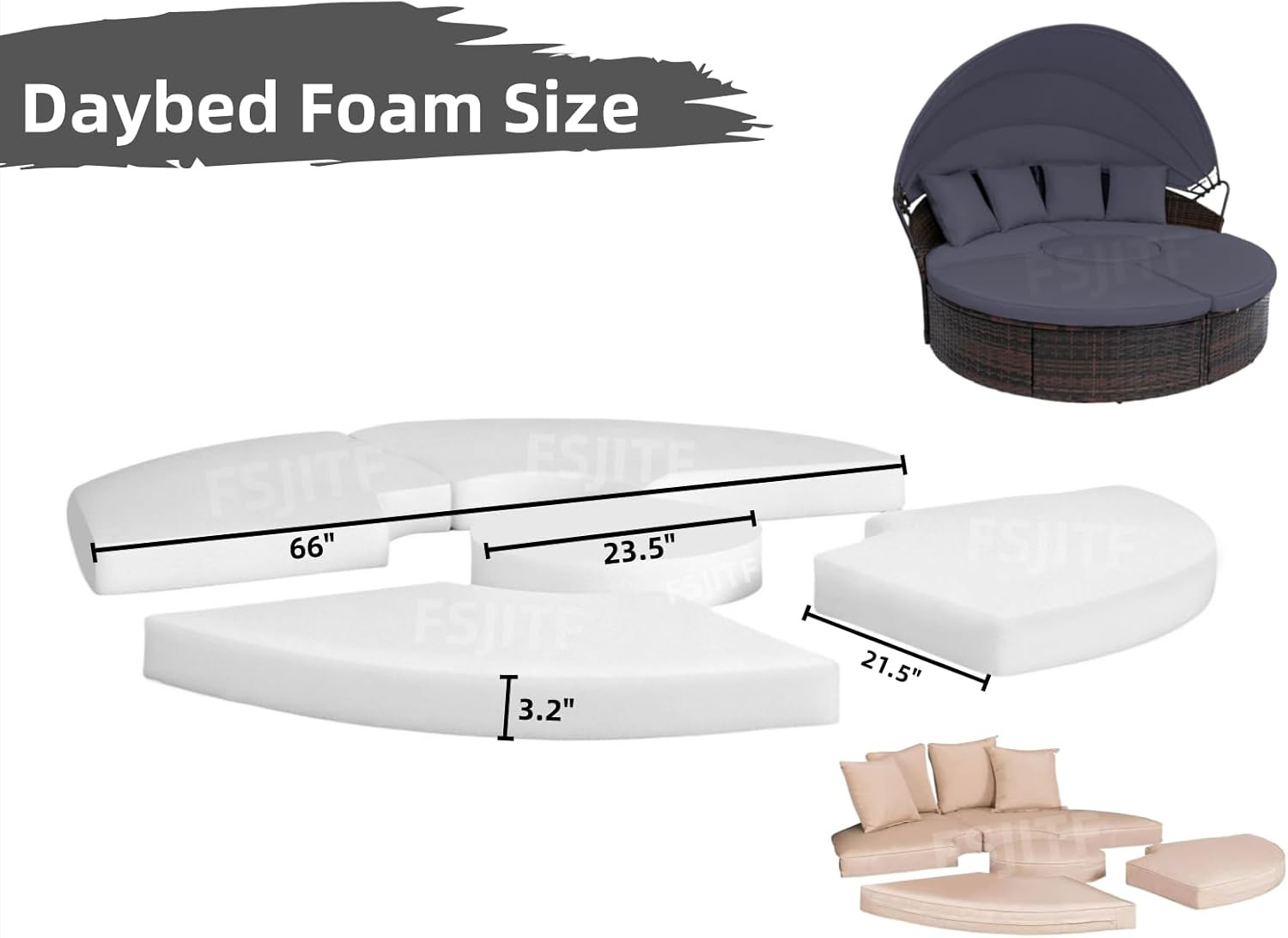 66” Round Foam Daybed Cushion 5-in-1 Replacement for Patio Sunbed