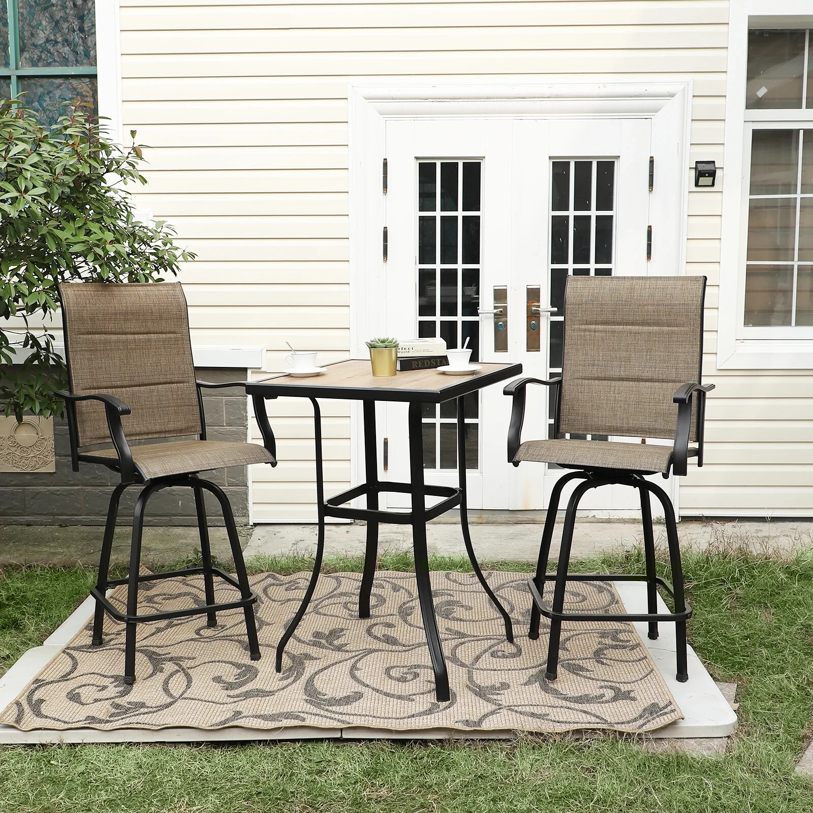 PHI VILLA 3 PCS Swivel Bar Stools Patio Dining Table Bar Sets High Back Outdoor