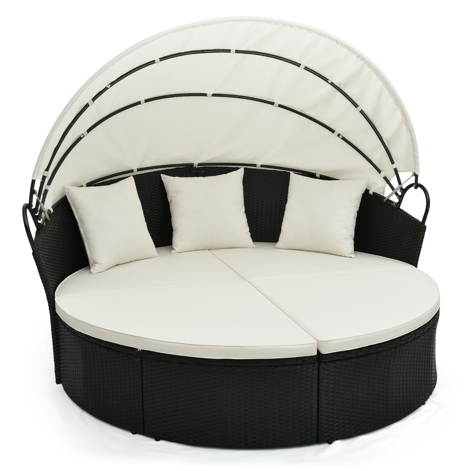 Patio Round Daybed Wicker Daybed with Retractable Canopy for Backyard Off White