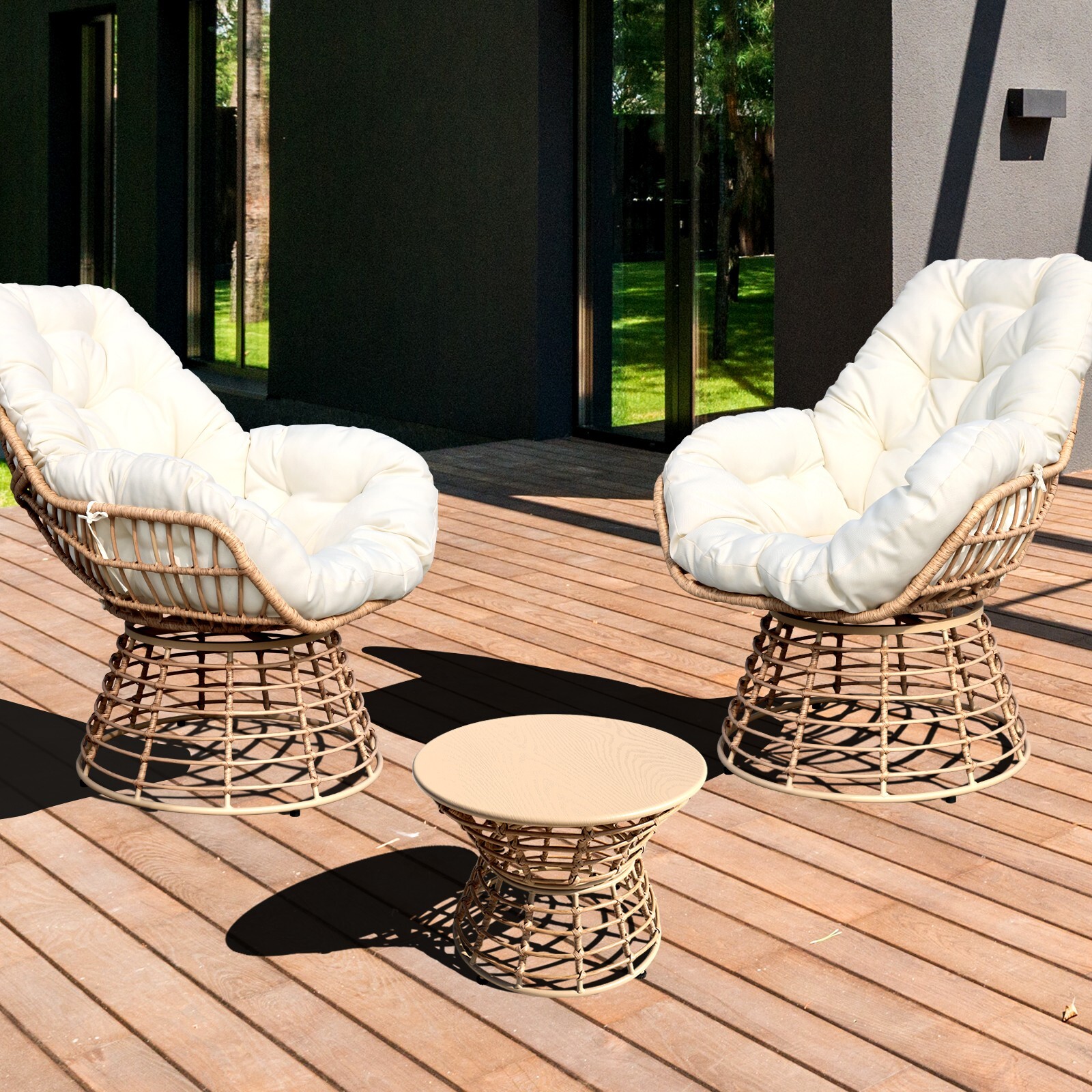 Swivel Outdoor Bistro Set Swivel Rattan Patio Conversation Furniture Set w/Table