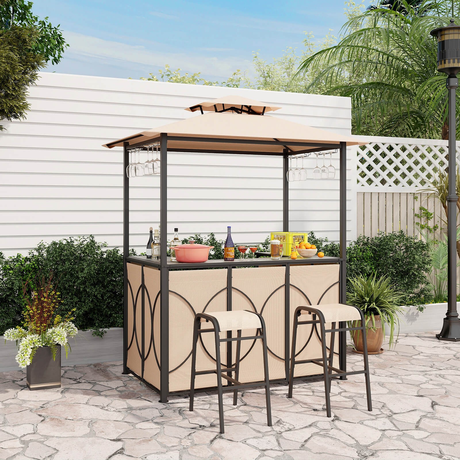 3 PCS Patio Bar Set w/ Tempered Glass Bar Table Metal Storage Shelves for Garden