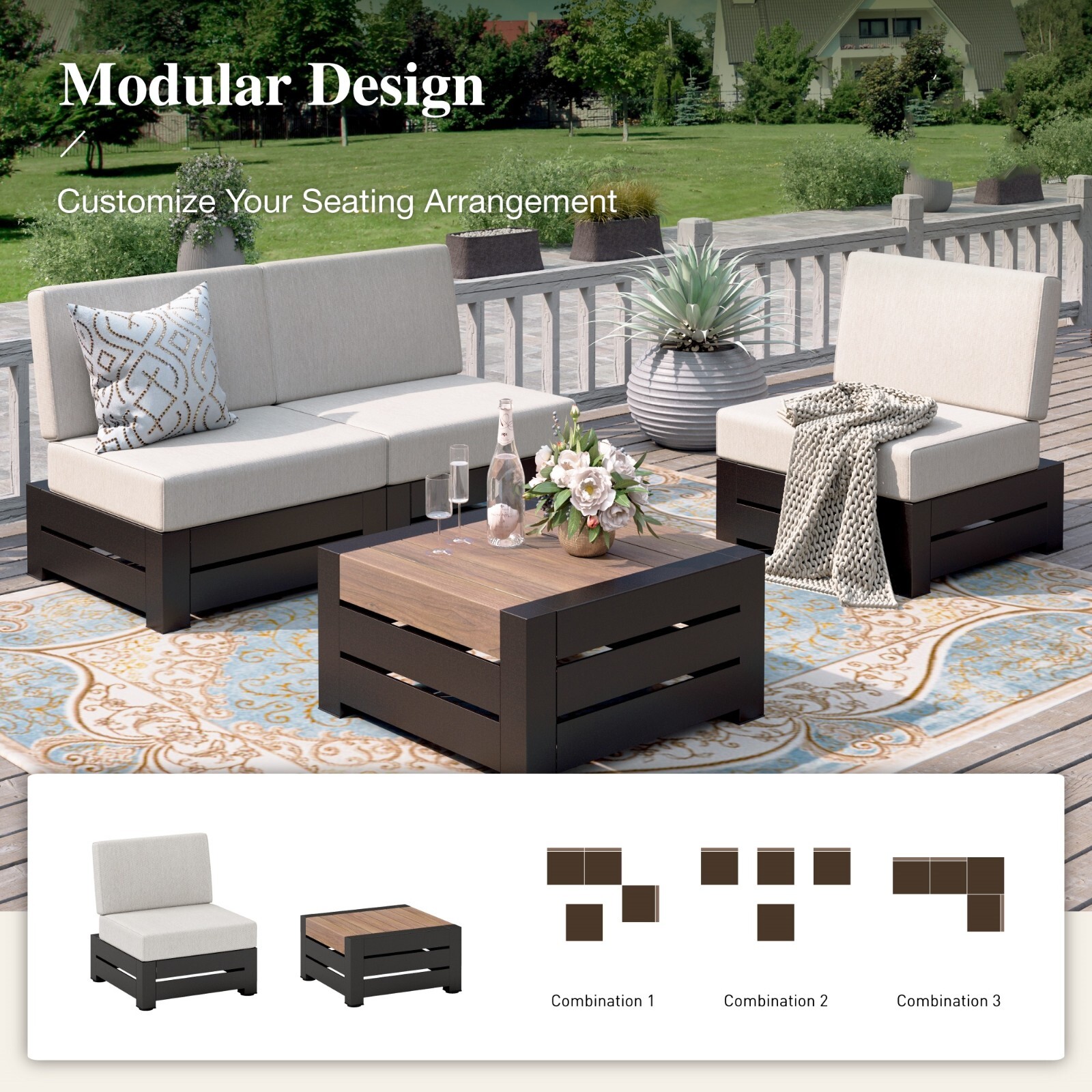 4 Pcs Conversation Set Patio Furniture Set Outdoor Furniture Sofa Set Wood Grain
