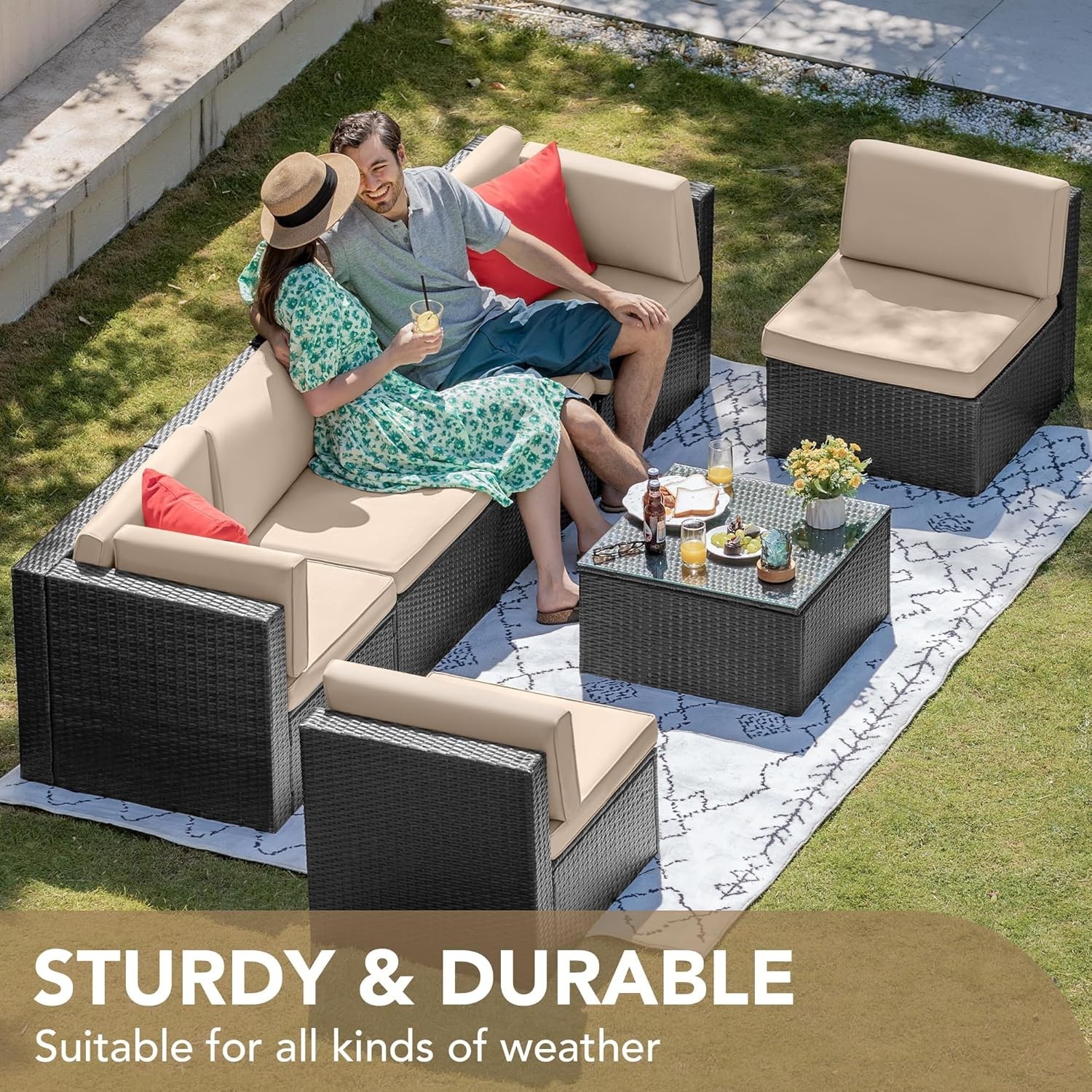 Versatile 7-Piece Patio Conversation Set with Cushions & Tempered Glass Table