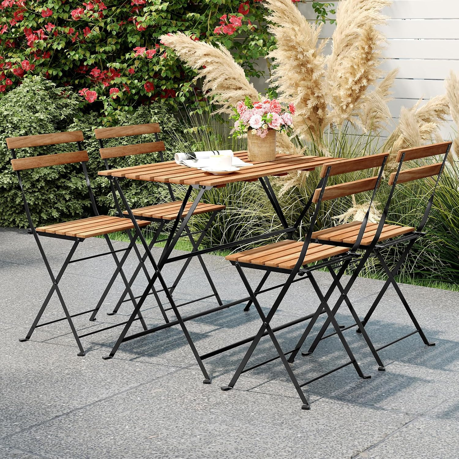 5-Piece Outdoor Dining Table Set for 4, Acacia Wood Bistro Table with 4 Folding