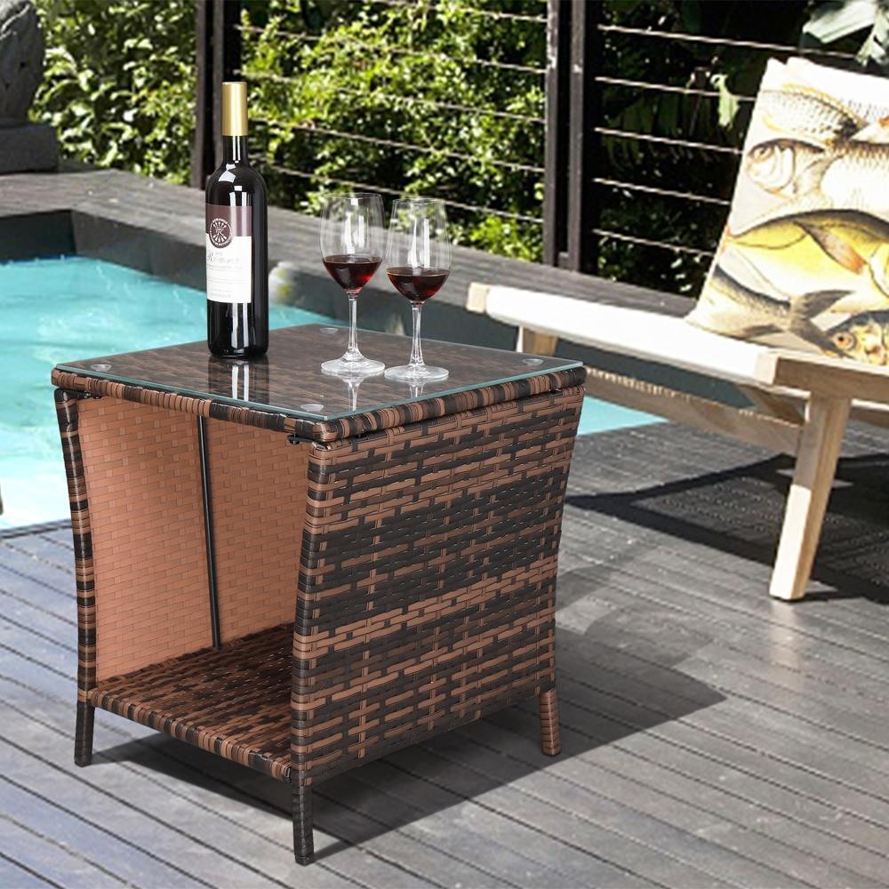 Brown Gradient Wicker Rattan Side Tea Table with Glass Patio Outdoor Furniture