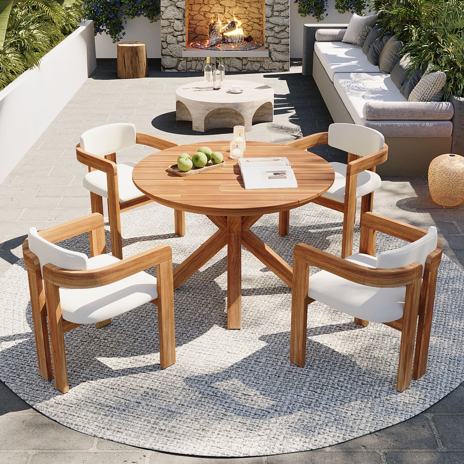 5-Piece Acacia Wood Round Patio Dining Set with 4 Barrel Chairs & Cushions