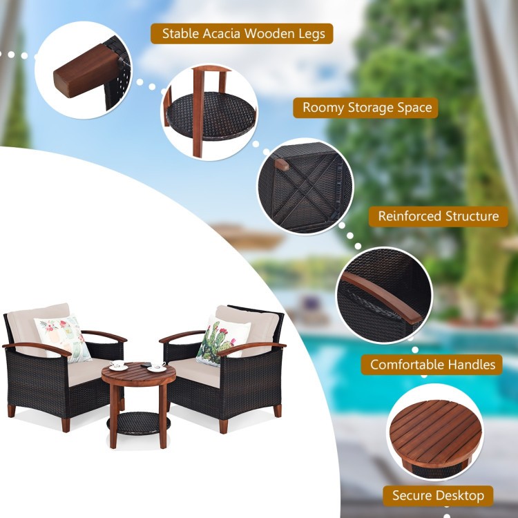 Rattan Patio Set with Solid Acacia Tabletop, Thick Sponge Cushions, 3-Pc