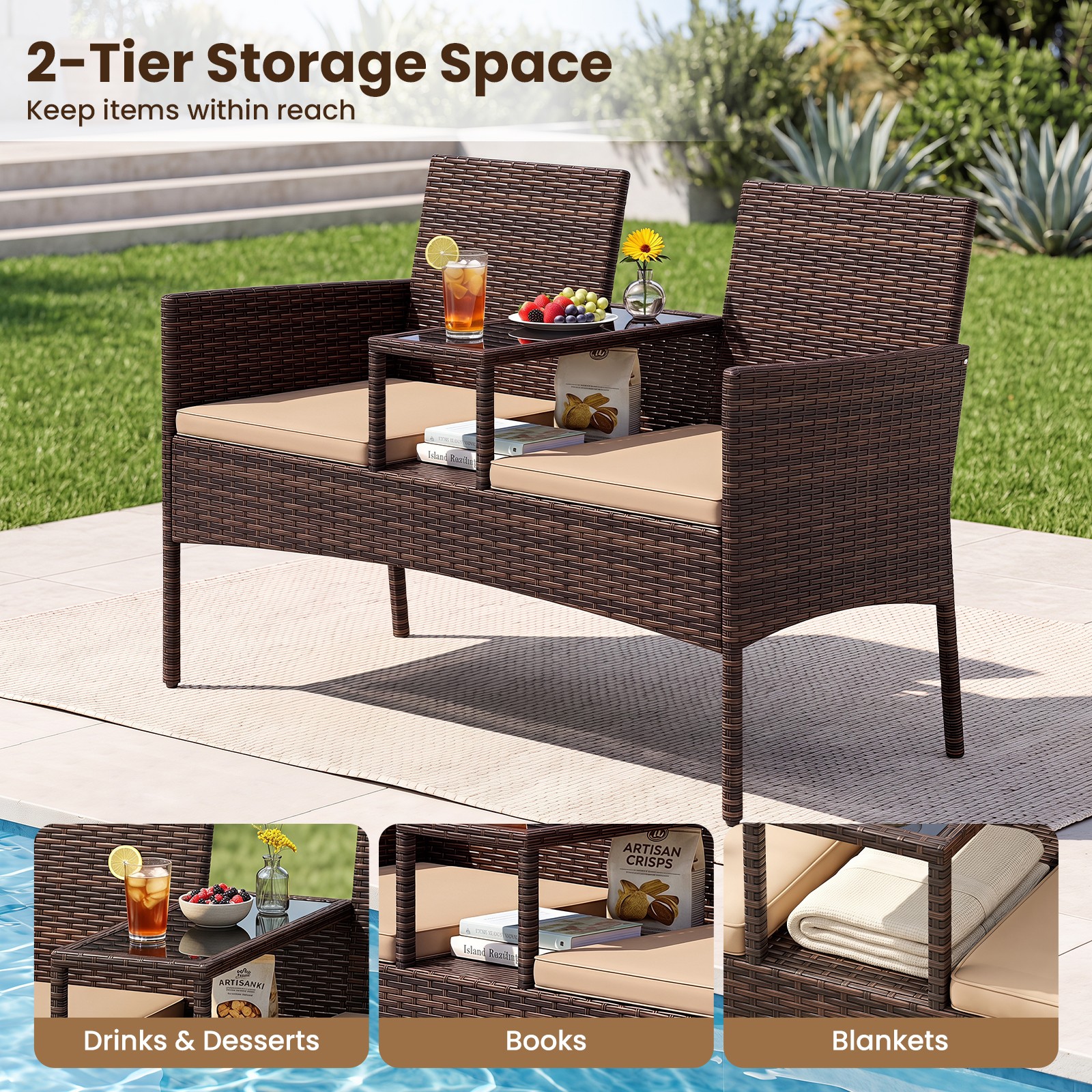 Patio Loveseat Wicker 2-Seat Conversation Set w/Built-in Coffee Table, Cushions