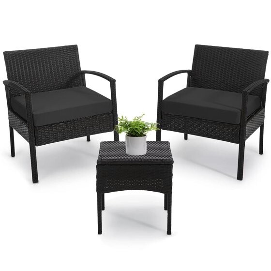 3 Piece Patio Bistro Set Outdoor Wicker Furniture Chairs Table Cushions Garden