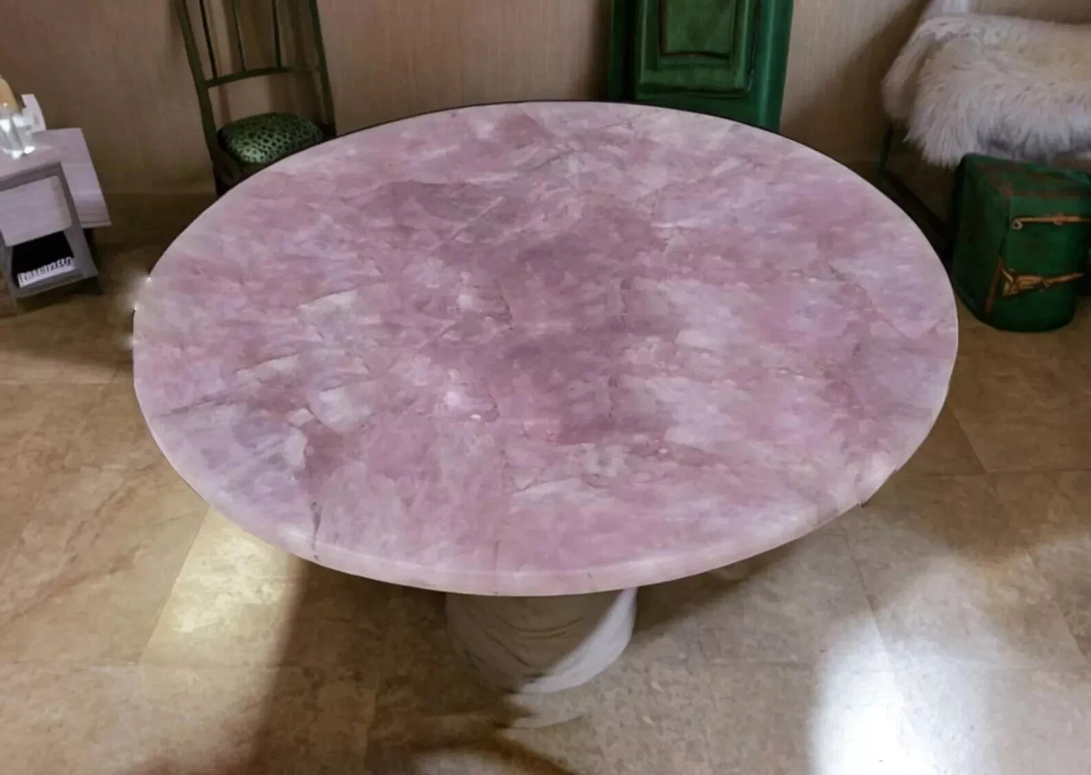 Elegant Rose Quartz Round Coffee Table – Handmade Gemstone Center Table