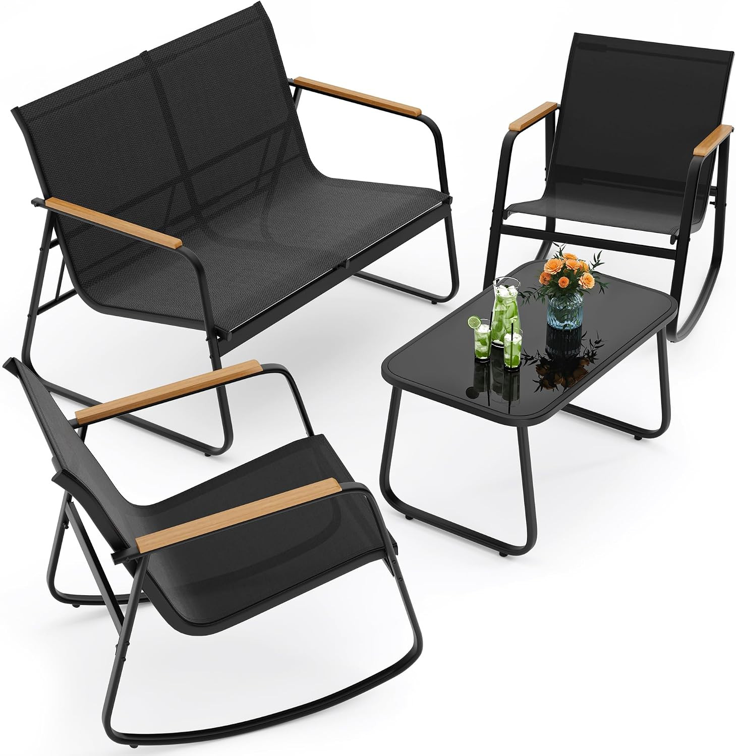 Ahomly 4-Piece Patio Furniture Set, Textilene Outdoor Conversation Set with 2 Ro