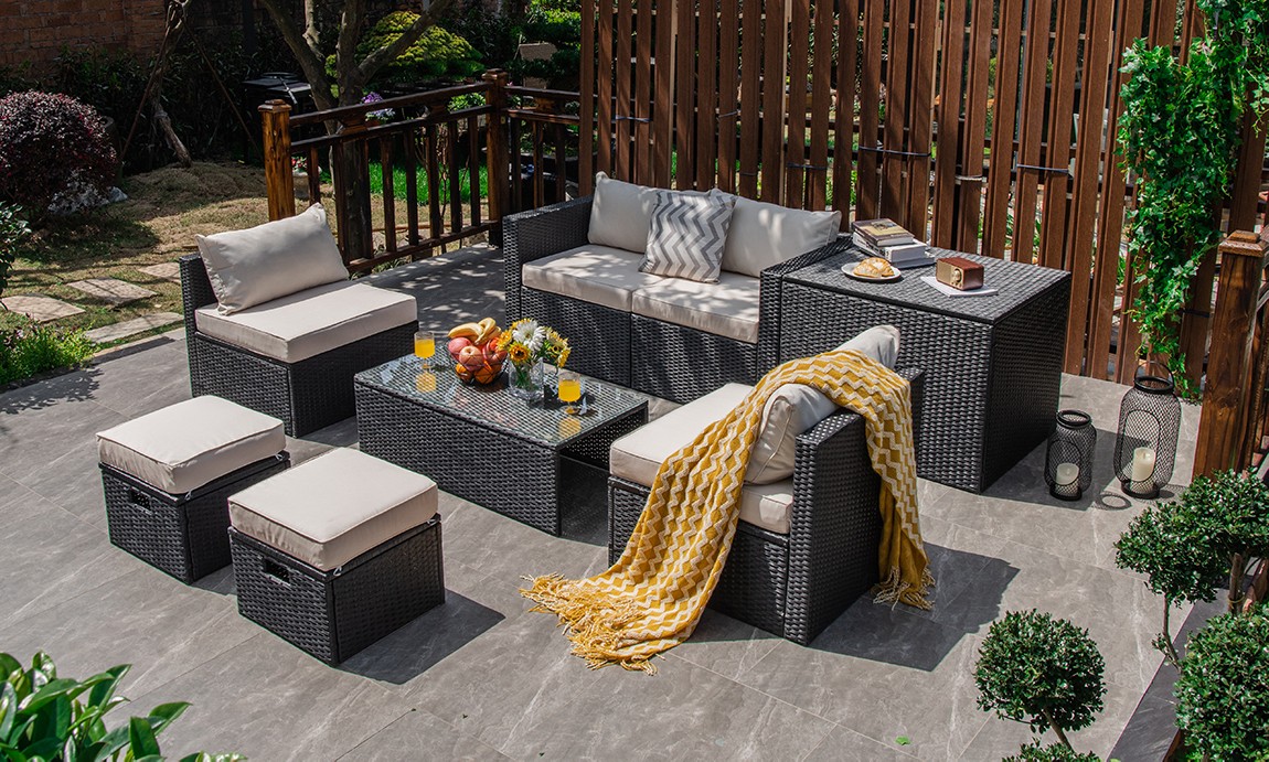 Patiojoy Outdoor 8PCS Rattan Furniture Set Storage Table Ottoman Off White