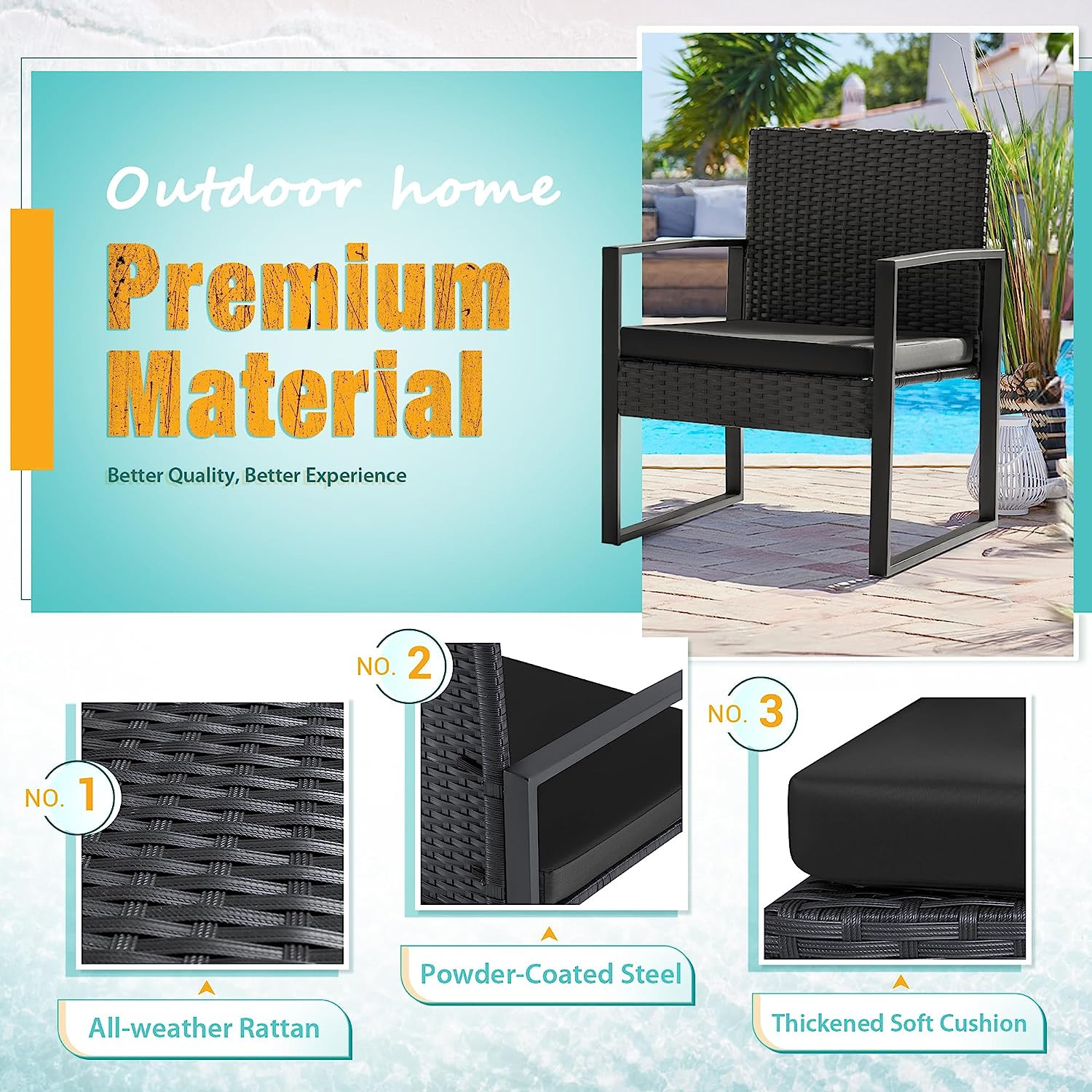 3 Pieces Outdoor Patio Wicker Furniture Set, Modern Rattan Chair Conversation Se