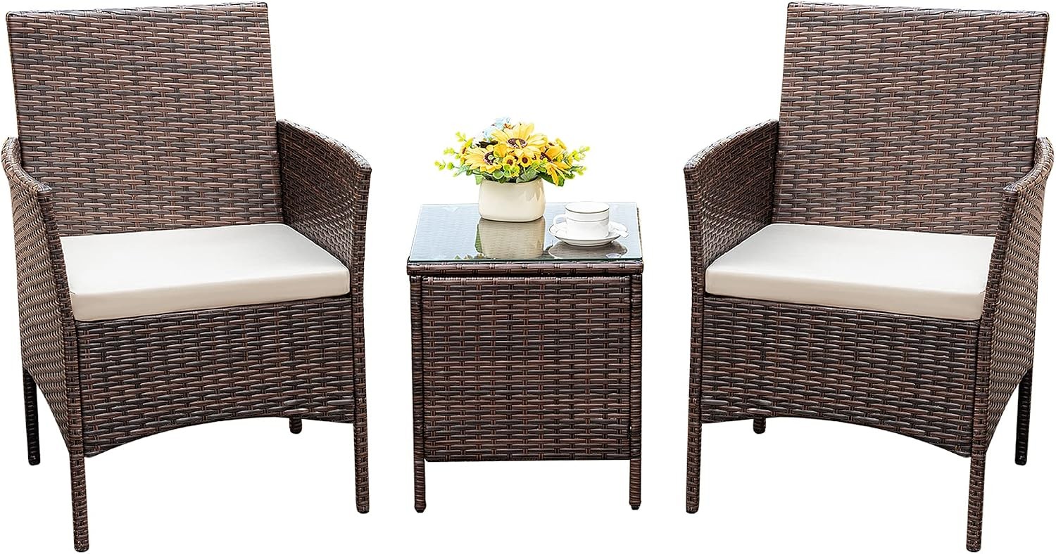 3 Pieces Patio Furniture Sets Balcony Outdoor Bistro Wicker Chairs Soft Cushion