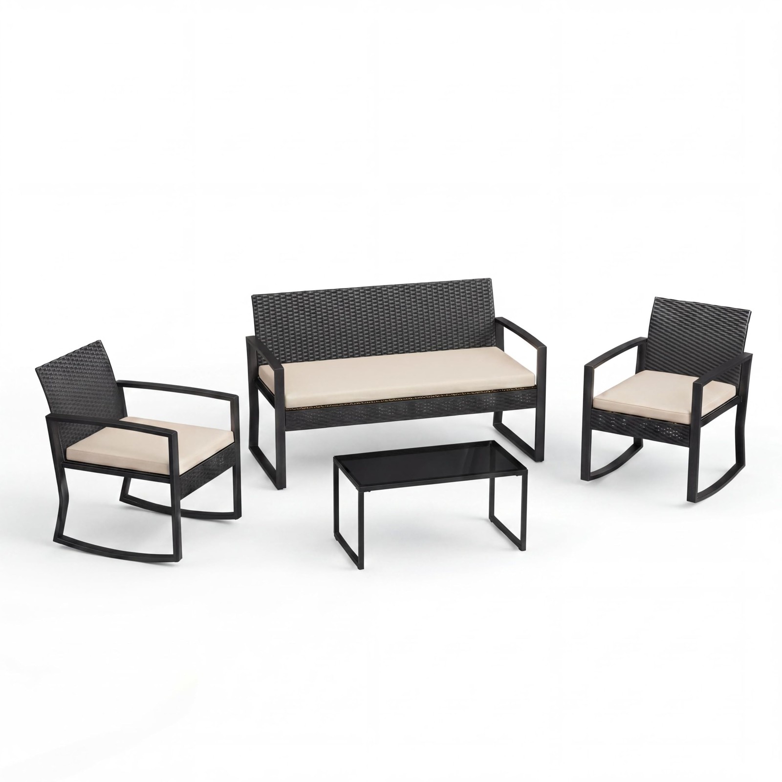 Outdoor 4PCS Rattan Rocking Chair Set Tempered Glass Coffee Table Cushion