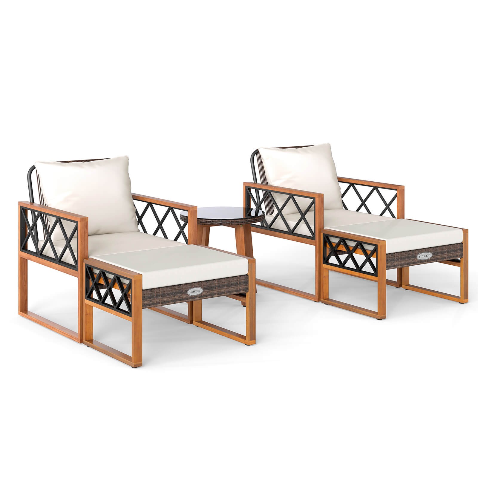 5 PCS PE Rattan Outdoor Conversation Set w/Acacia Wood Table Chairs w/Ottomans