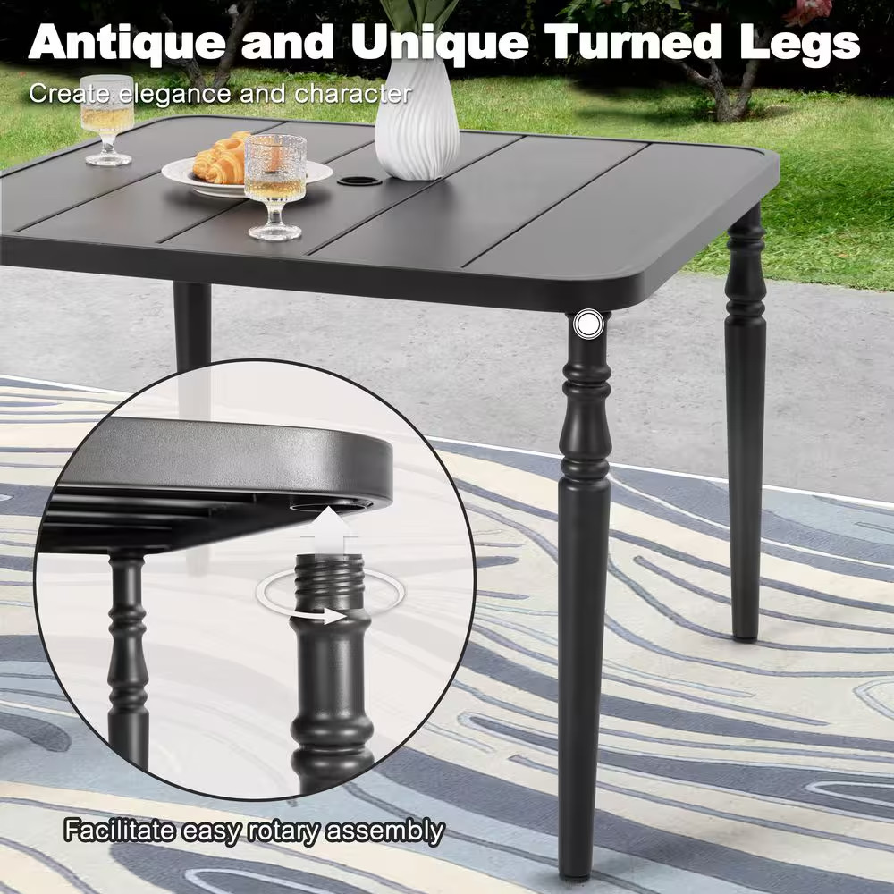 Black 5-Piece Padded Textilene and Metal Square Outdoor Dining Set with Umbrella