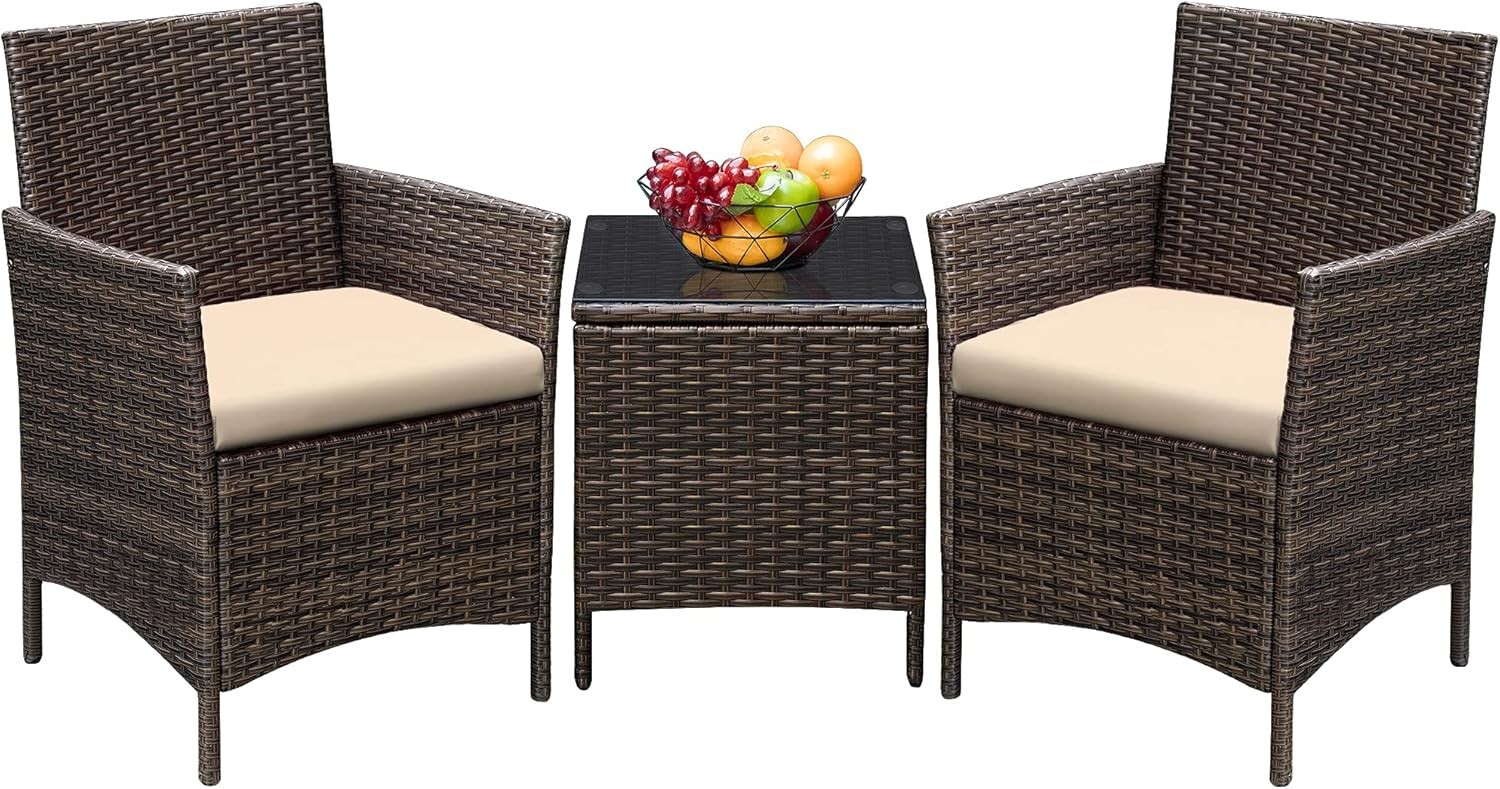 Decorative 3Piece Patio Furniture Set PE Rattan Chairs w/ Cushions & Glass Table