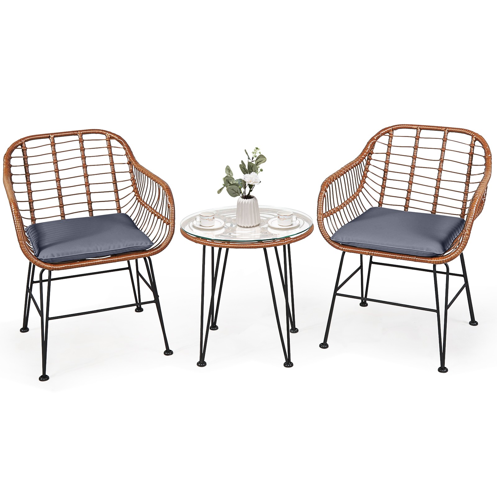 Patiojoy 3PCS Patio Rattan Bistro Set Coffee Table Armchair Garden Gray Cushion