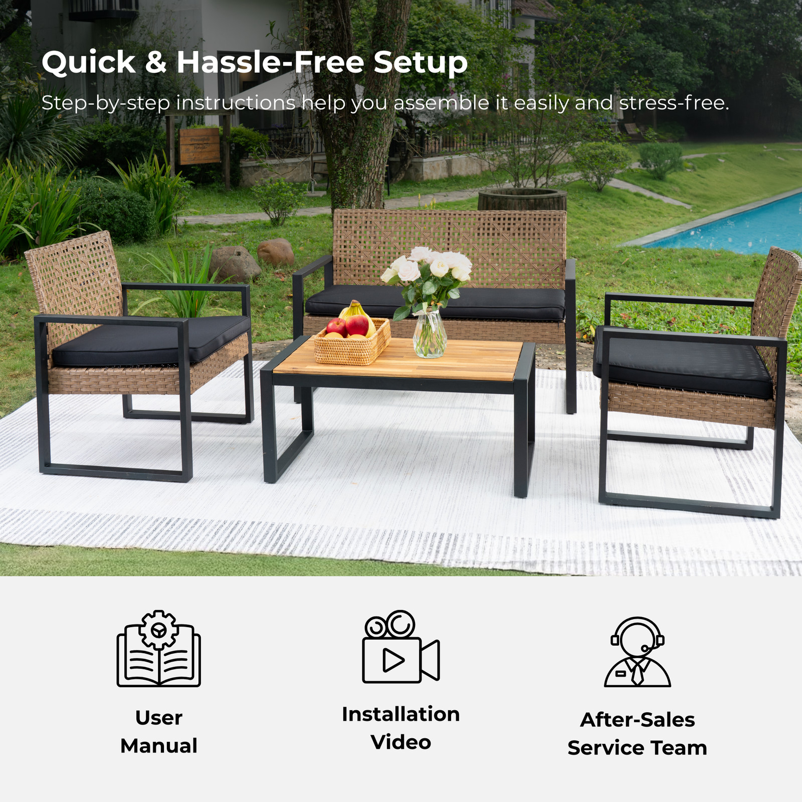 Modern Outdoor Patio Furniture Set with Acacia Wood Table & Cushions