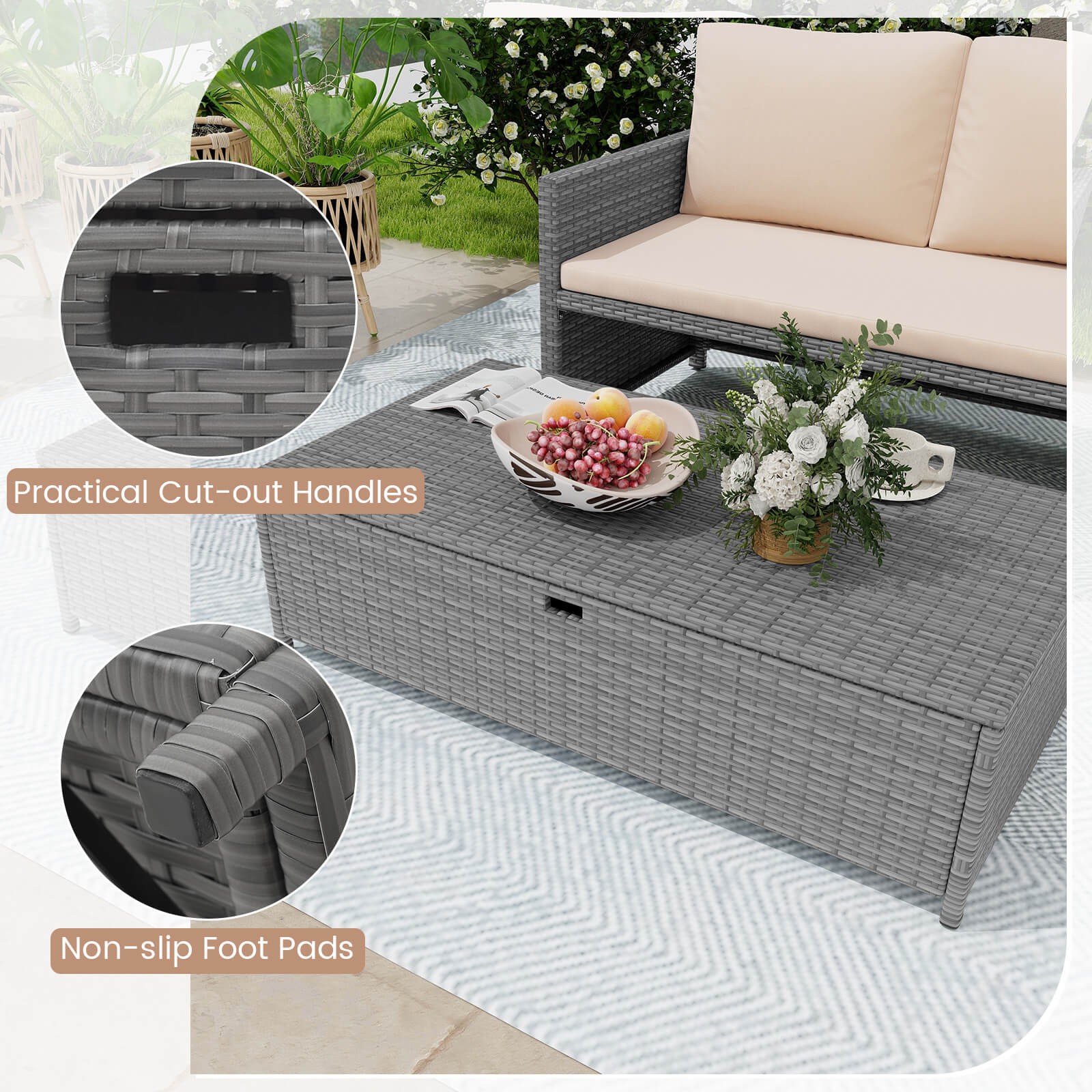 2 PCS Patio Loveseat w/ 31 Gal Multifunctional Storage Ottoman and Soft Cushions