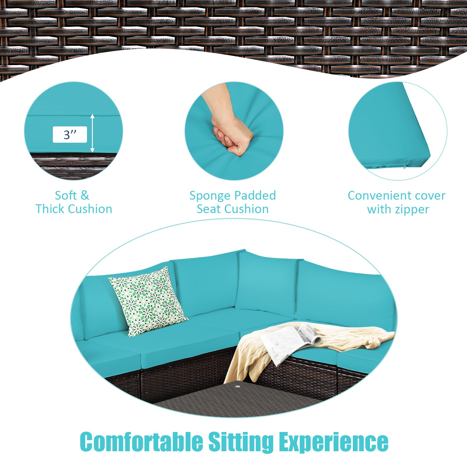 Costway 6PCS Patio Rattan Furniture Set Sectional Cushioned Sofa Deck Turquoise