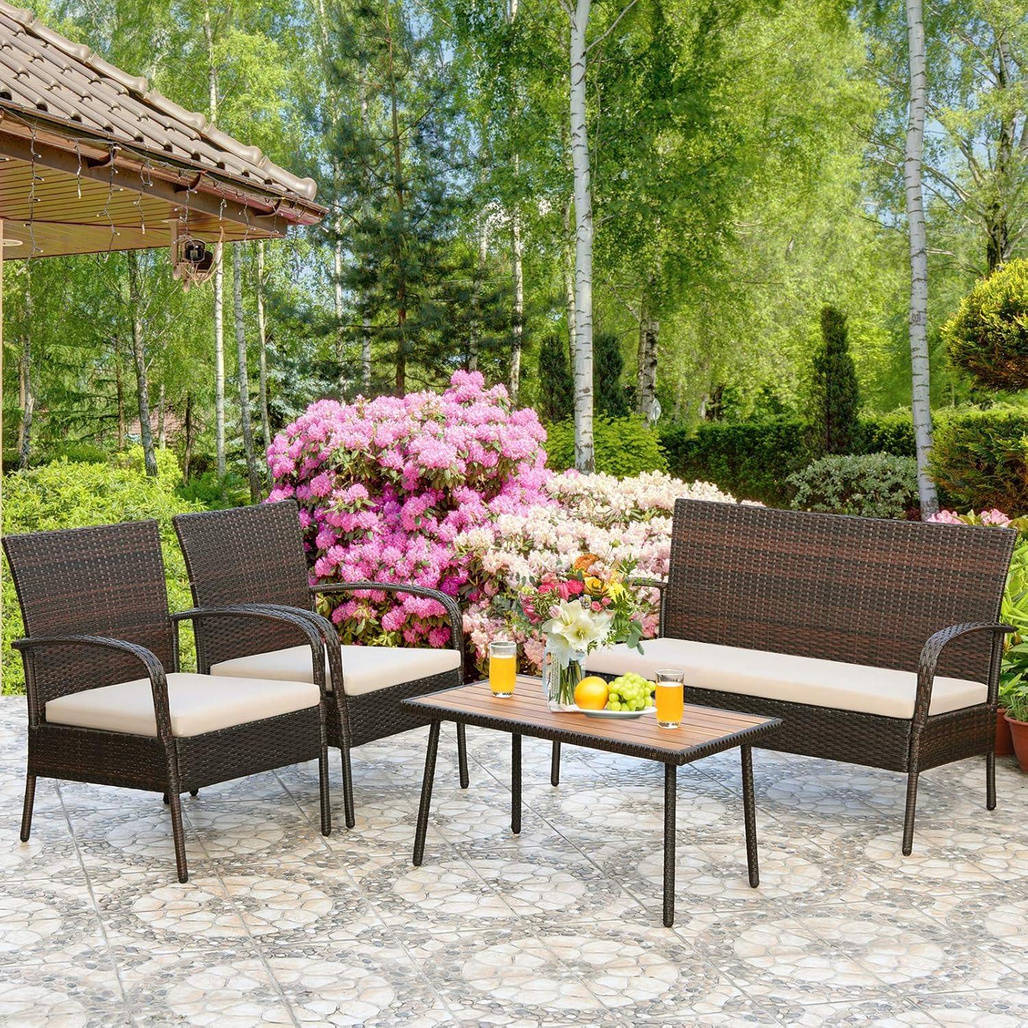 Wicker Conversation 4 Pieces Outdoor Patio Set with Washable Sofa Cushions, Ratt