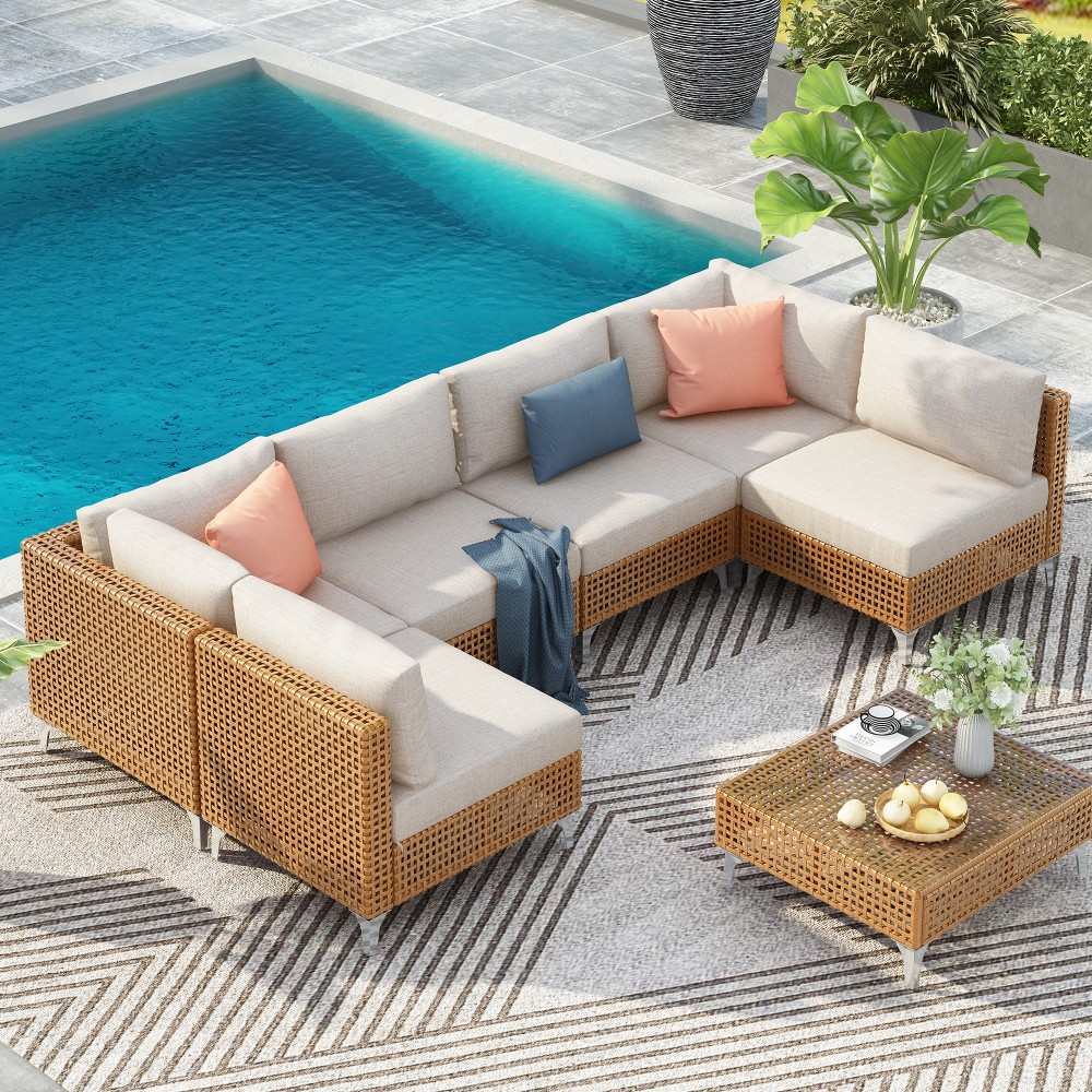 7Pcs Wicker Patio Furniture Set Sectional Sofa Water Resistant Cushions Table
