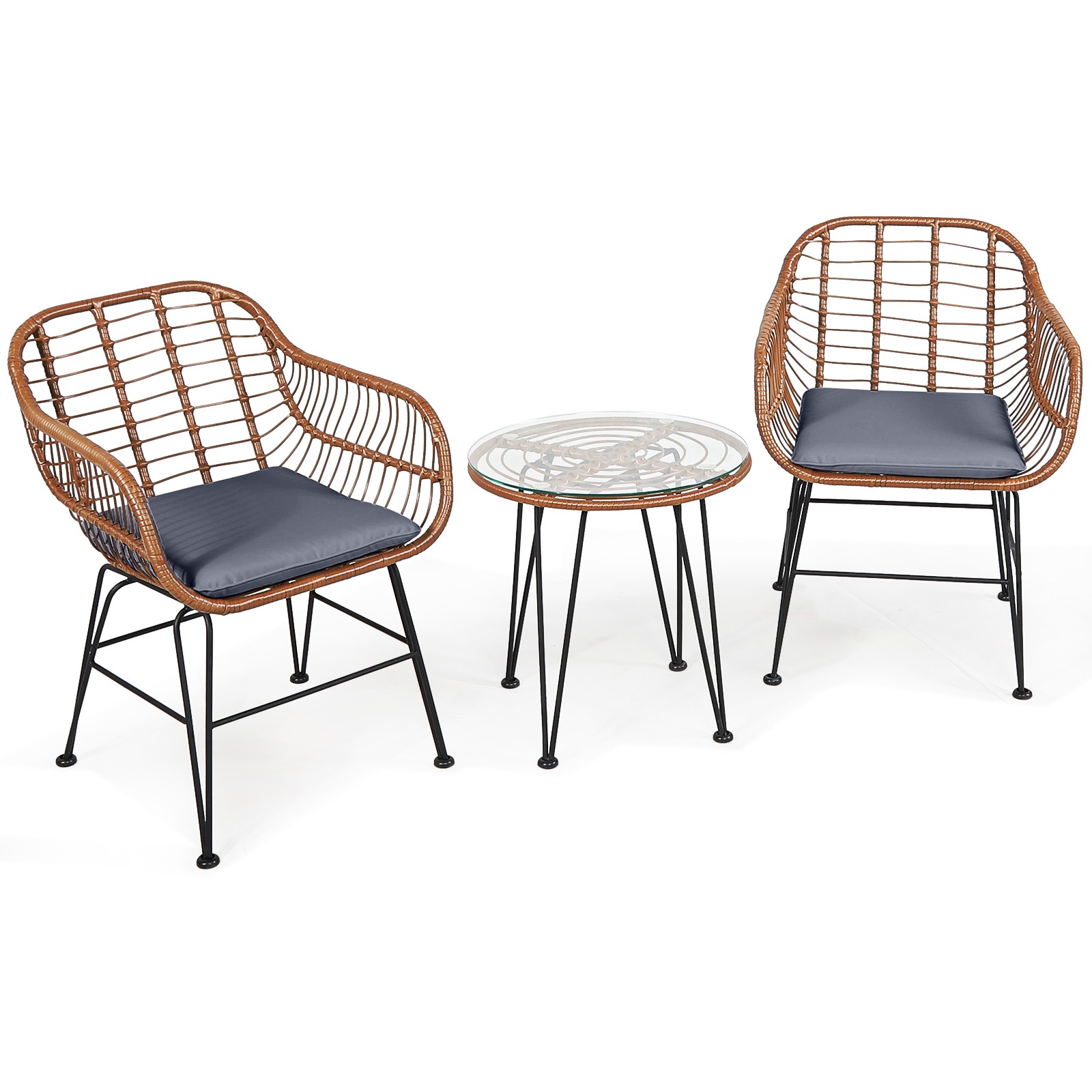 Patiojoy 3PCS Patio Rattan Bistro Set Coffee Table Armchair Garden Gray Cushion