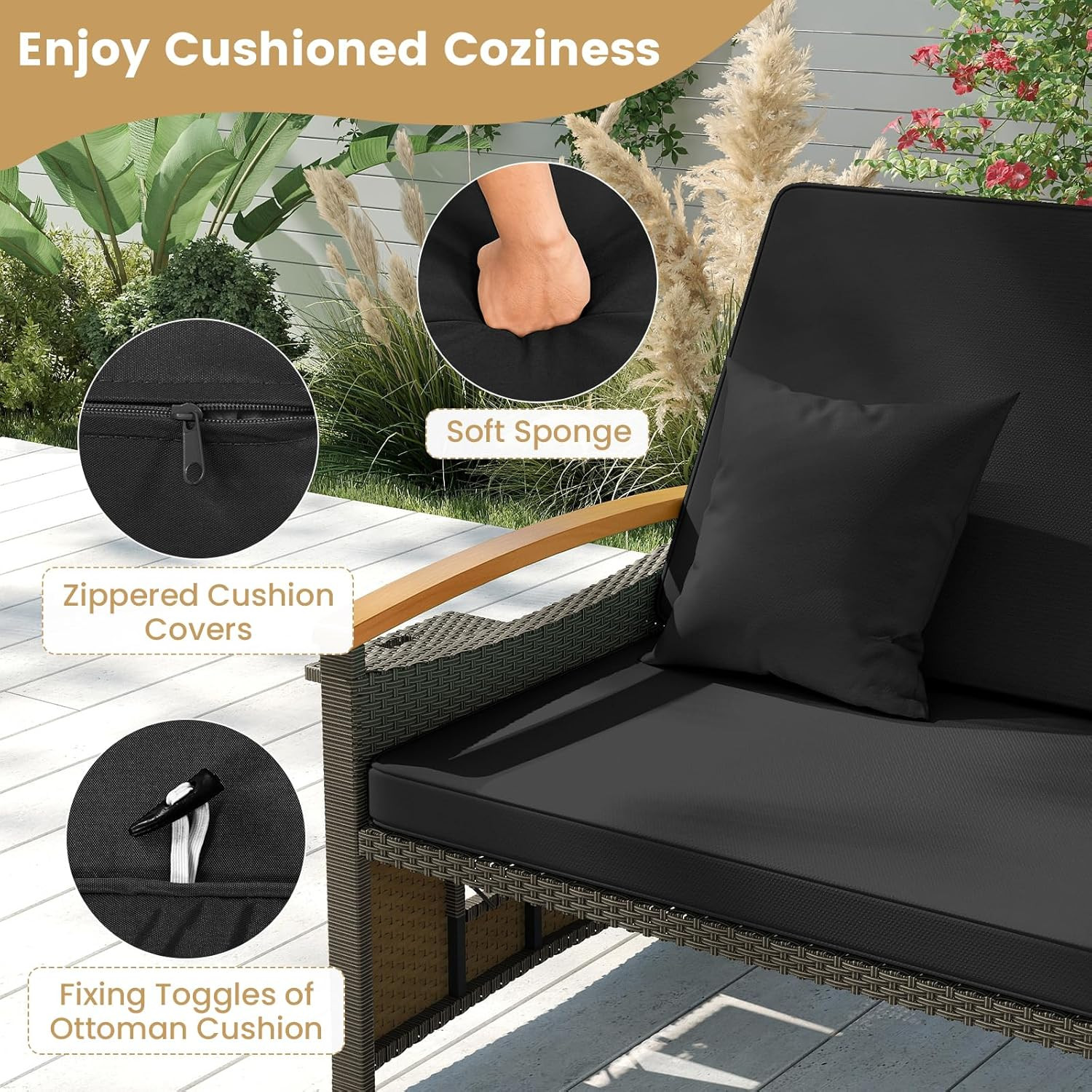 Adjustable Rattan Daybed with Storage Ottoman & Acacia Wood Armrests – Black