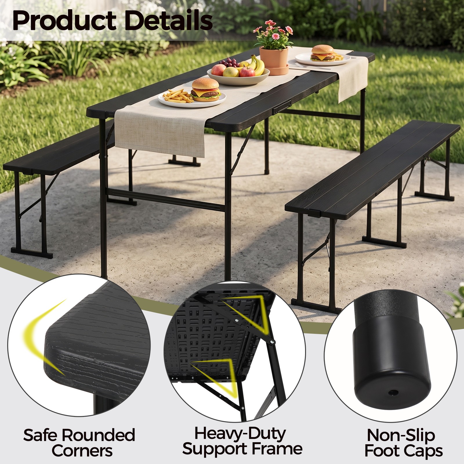 Black Folding Picnic Table Set w/ 2 Benches Waterproof Table for Camping