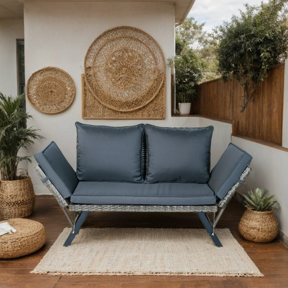 Grey Wicker Foldable Patio Bench 2 Person Outdoor Conversation Seating with Dark