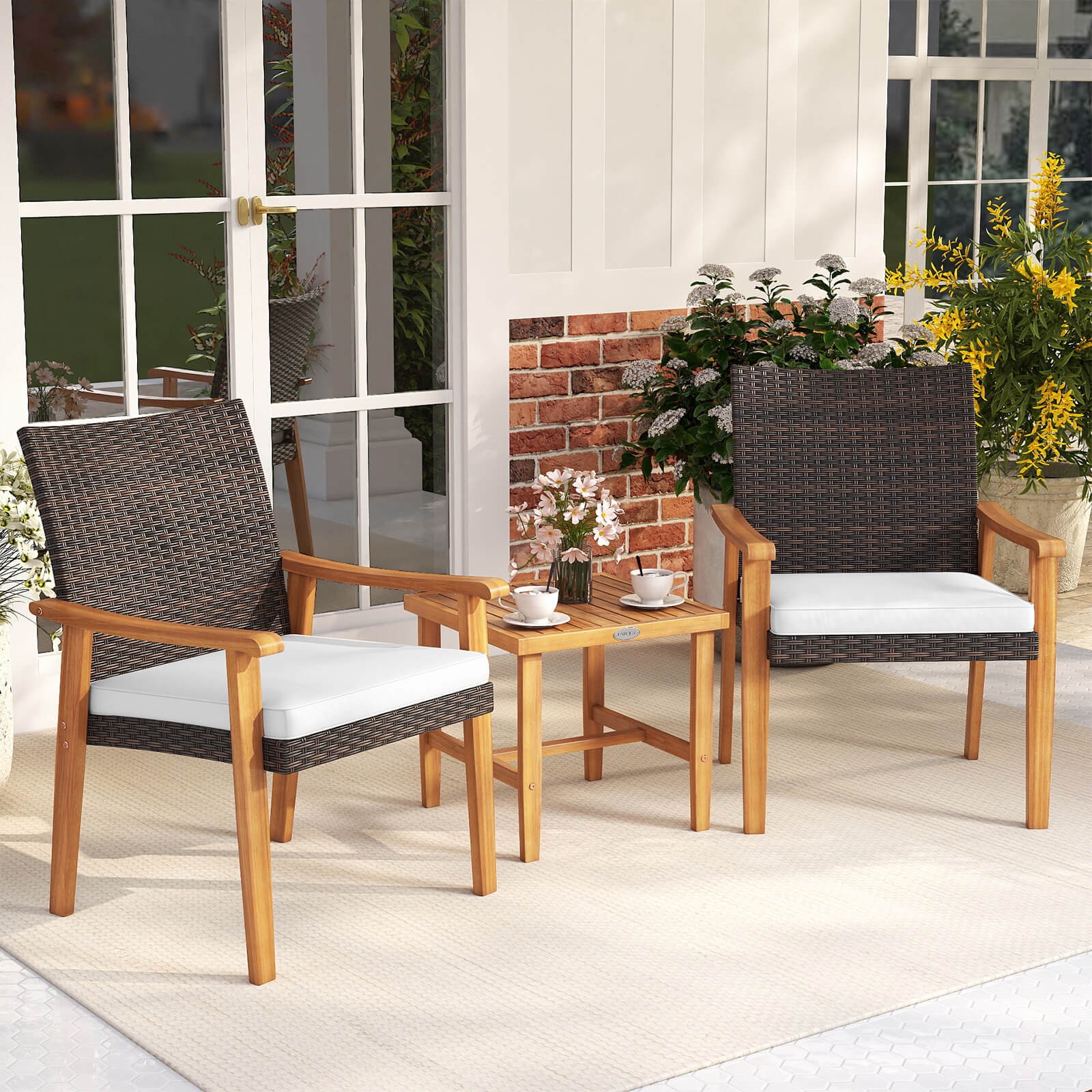3 PCS Patio PE Wicker Furniture Set w/Coffee Table and Cushions for Front Porch