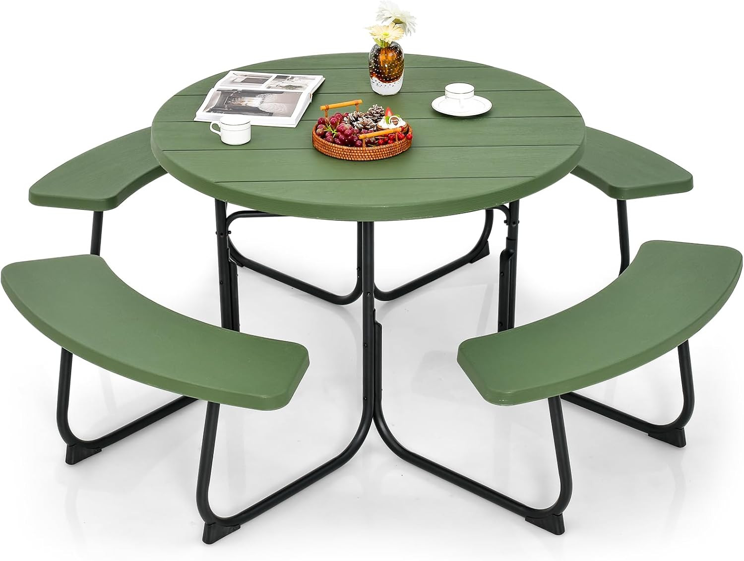 Giantex Picnic Table Set for up to 8 Persons, round Outdoor Table and Bench Set