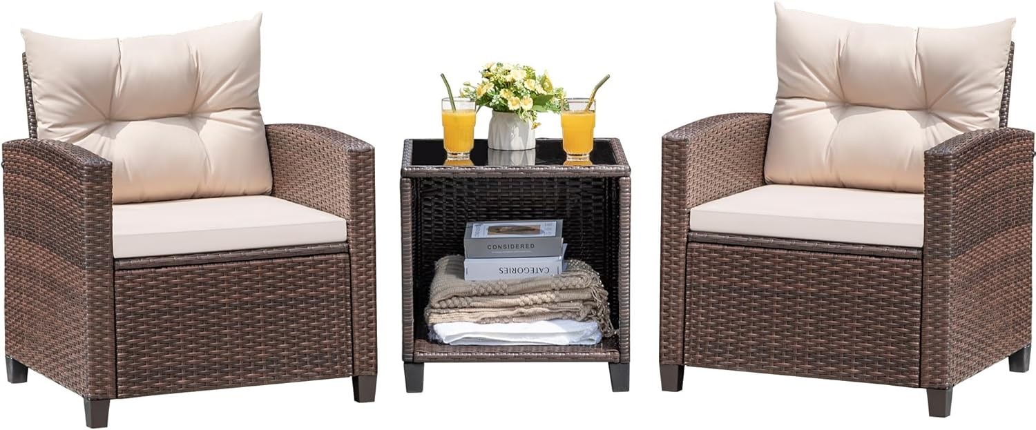 3 Pieces Outdoor Patio Furniture Set PE Rattan Wicker Chairs w/Cushion and Table