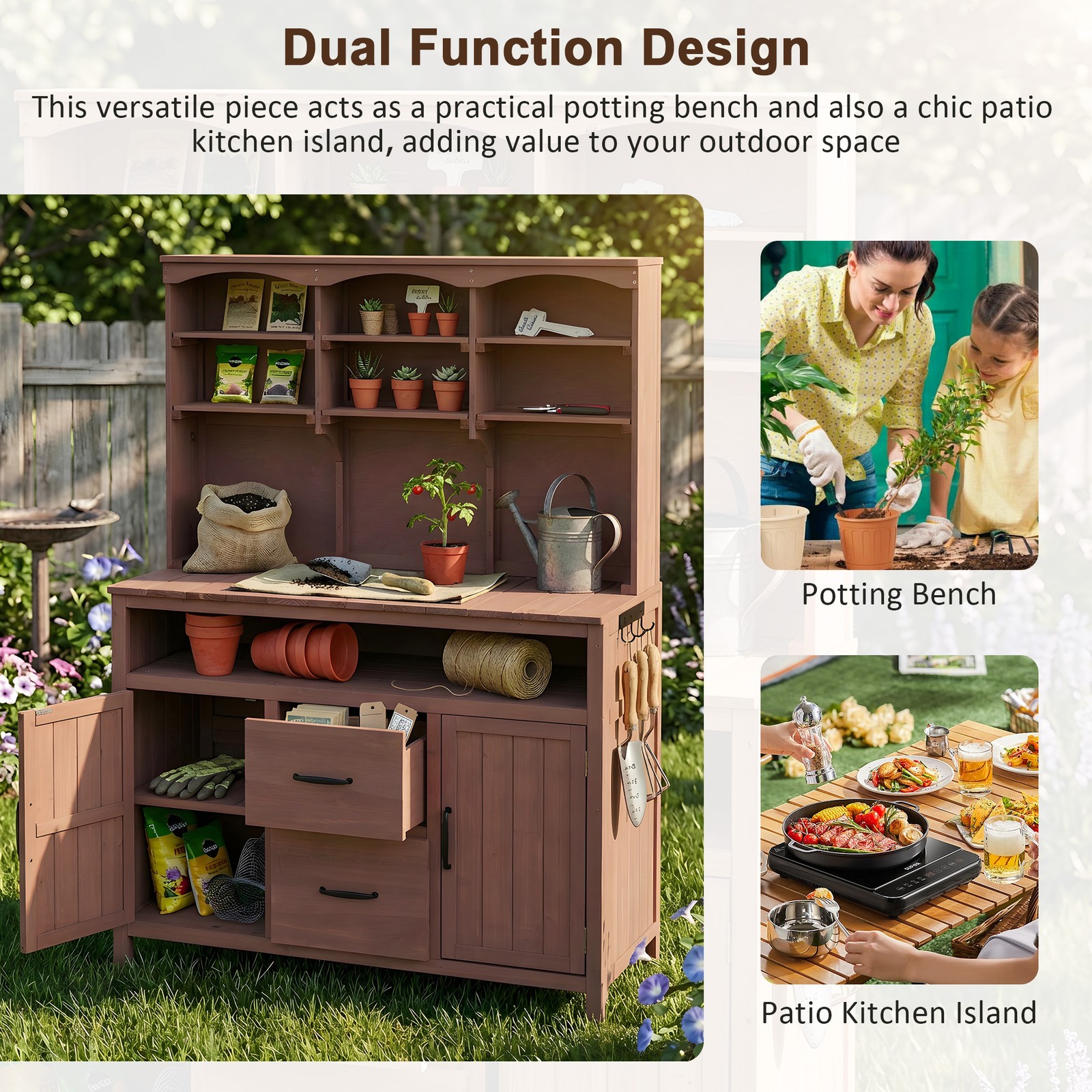 Large Fir Wood Potting Bench with Hutch & Drawers, Rustic Brown Outdoor