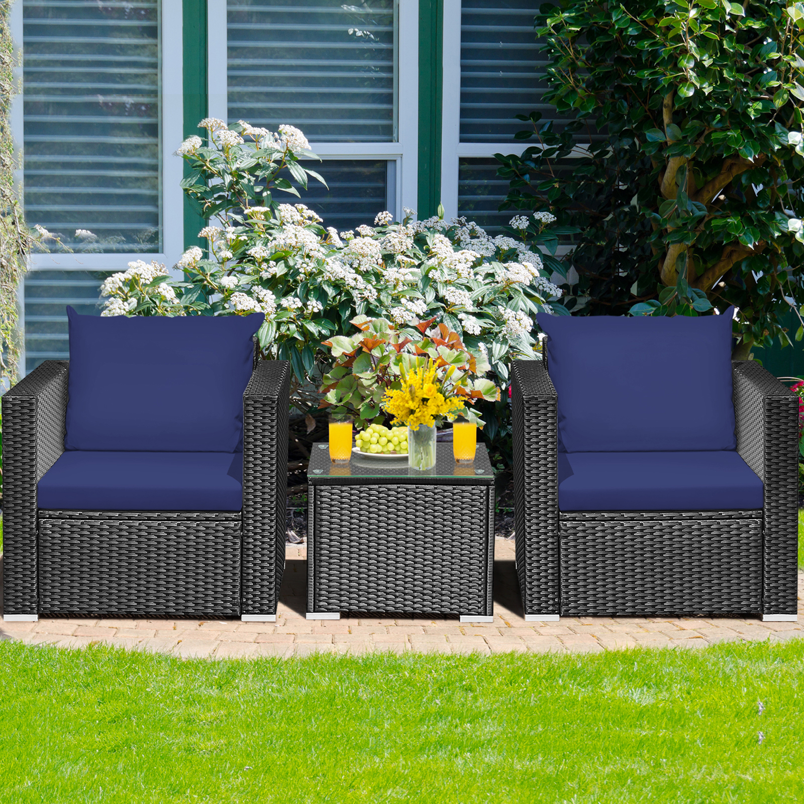 3PCS Rattan Patio Conversation Furniture Set Outdoor w/ Navy Cushions