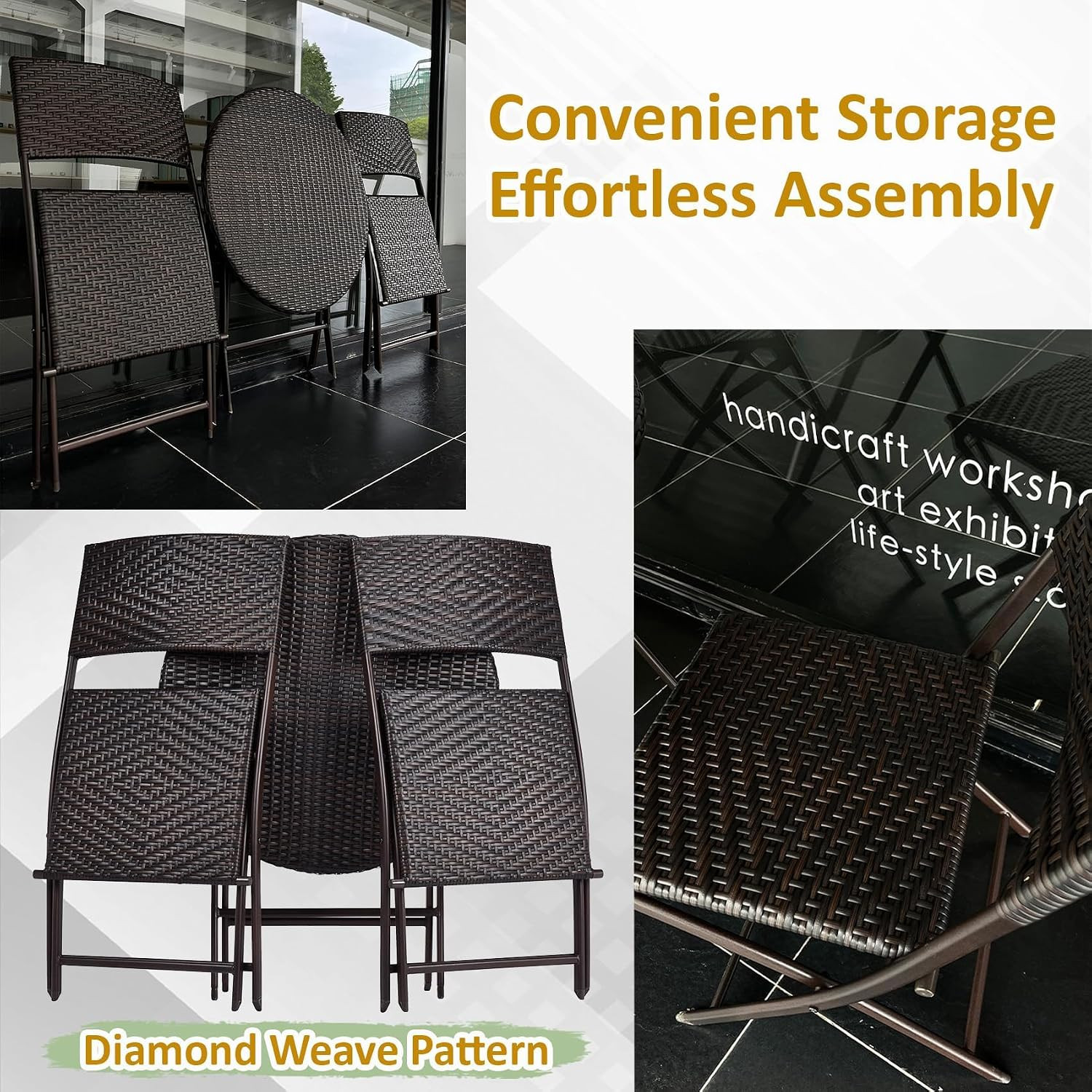 3 Pieces Folding Bistro Set PE Wicker Rattan Outdoor Patio Furniture Sets with F