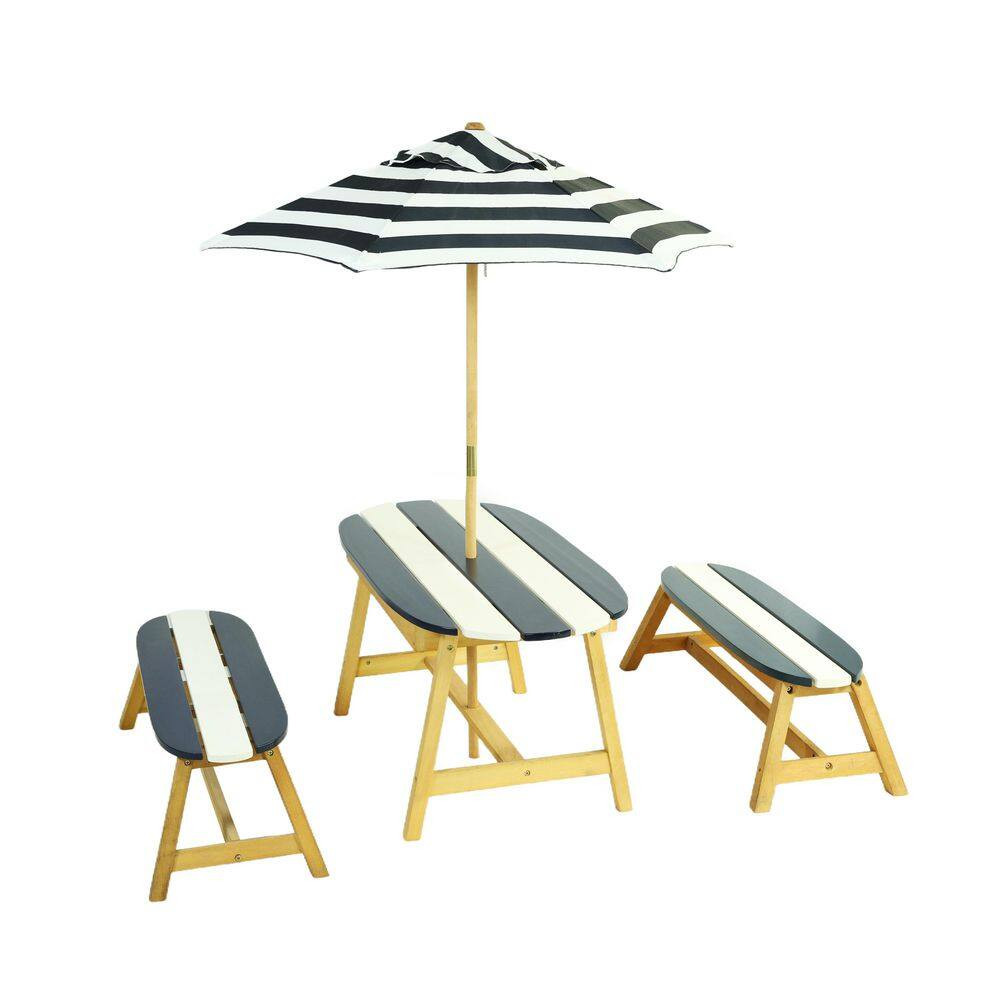41 In. Blue Rectangle Wood Picnic Table Seats 4 Kids with Umbrella Hole Chair Se