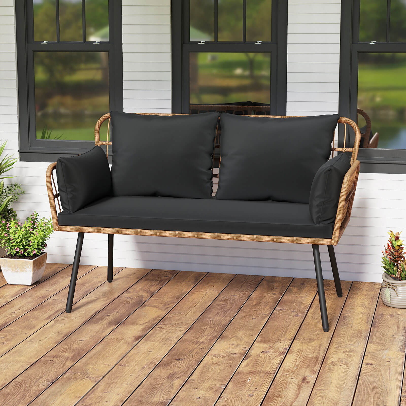 Patio Wicker Loveseat Furniture w/Seat Back Cushions, Heavy-Duty Metal Legs