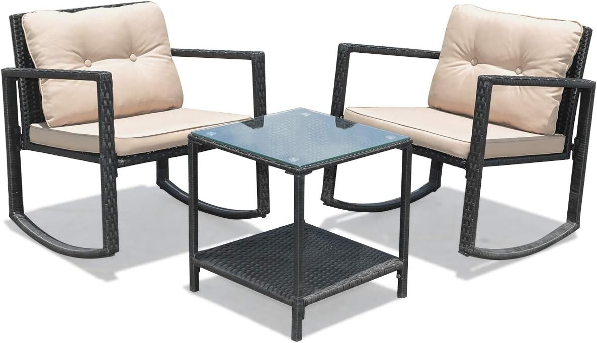 3 Piece Outdoor Wicker Rocking Set with Cushions and Glass Coffee Table Beige