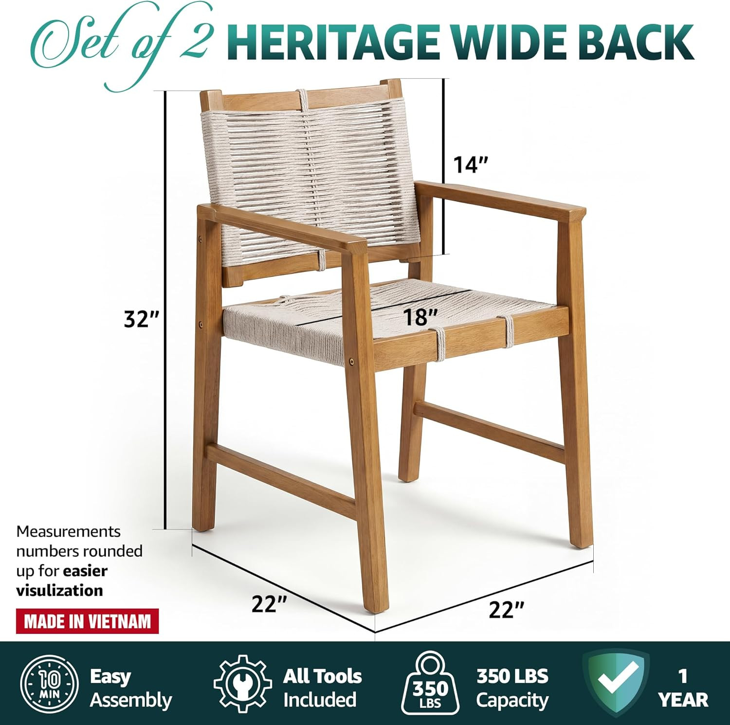 Heritage Woven Rope Eucalyptus Wood Armchair, Set of 2 Oversized Wide Backrest f